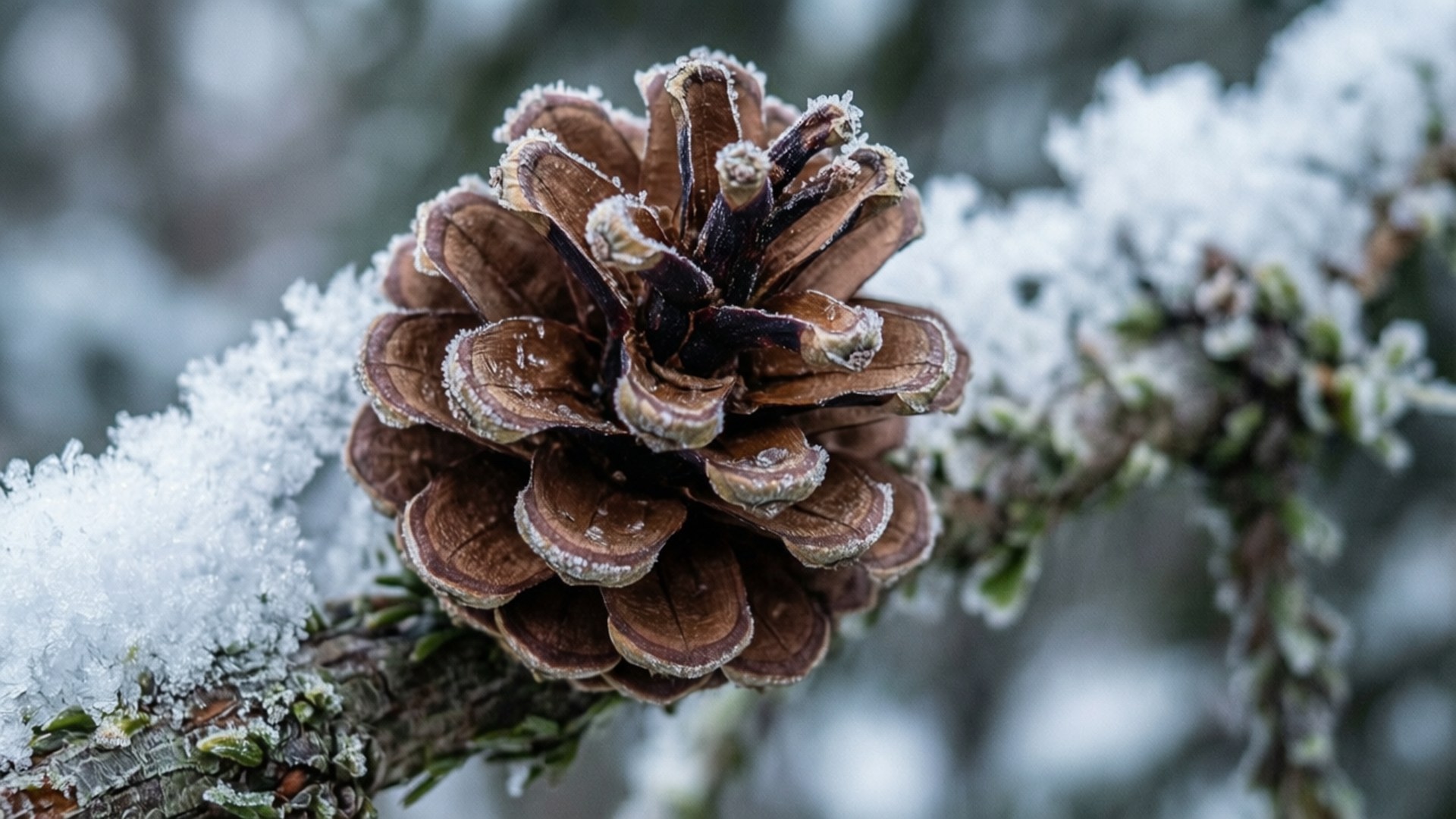 一個結霜的棕色松果在冬天坐在積雪的樹枝上。