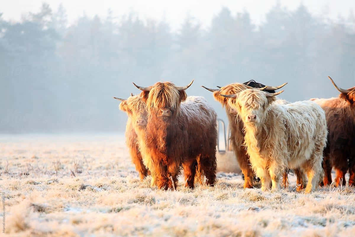Highland Cow 桌布 壁紙 — 霜凍的晨光照亮了一群站在霧氣瀰漫的田野中的高地牛，遠處有樹木。