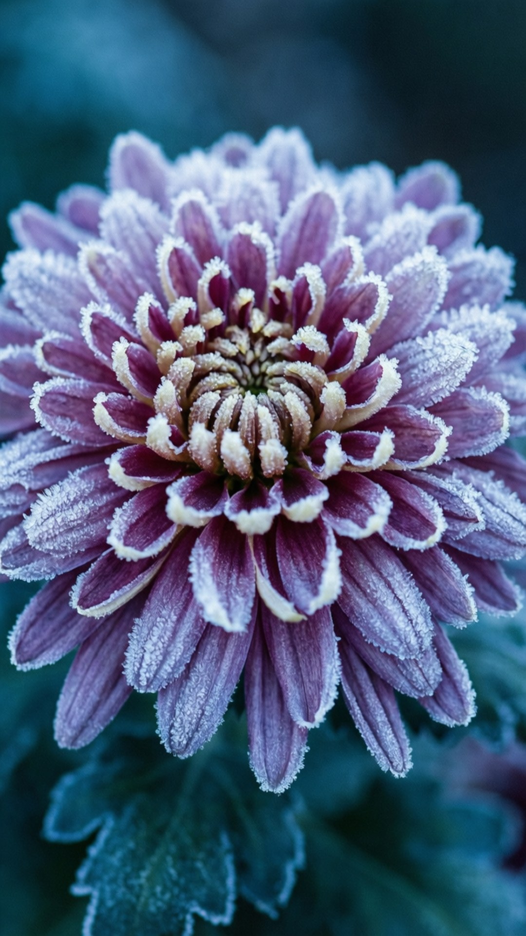 霜輕輕覆蓋著冬季花園中紫色菊花的花瓣。