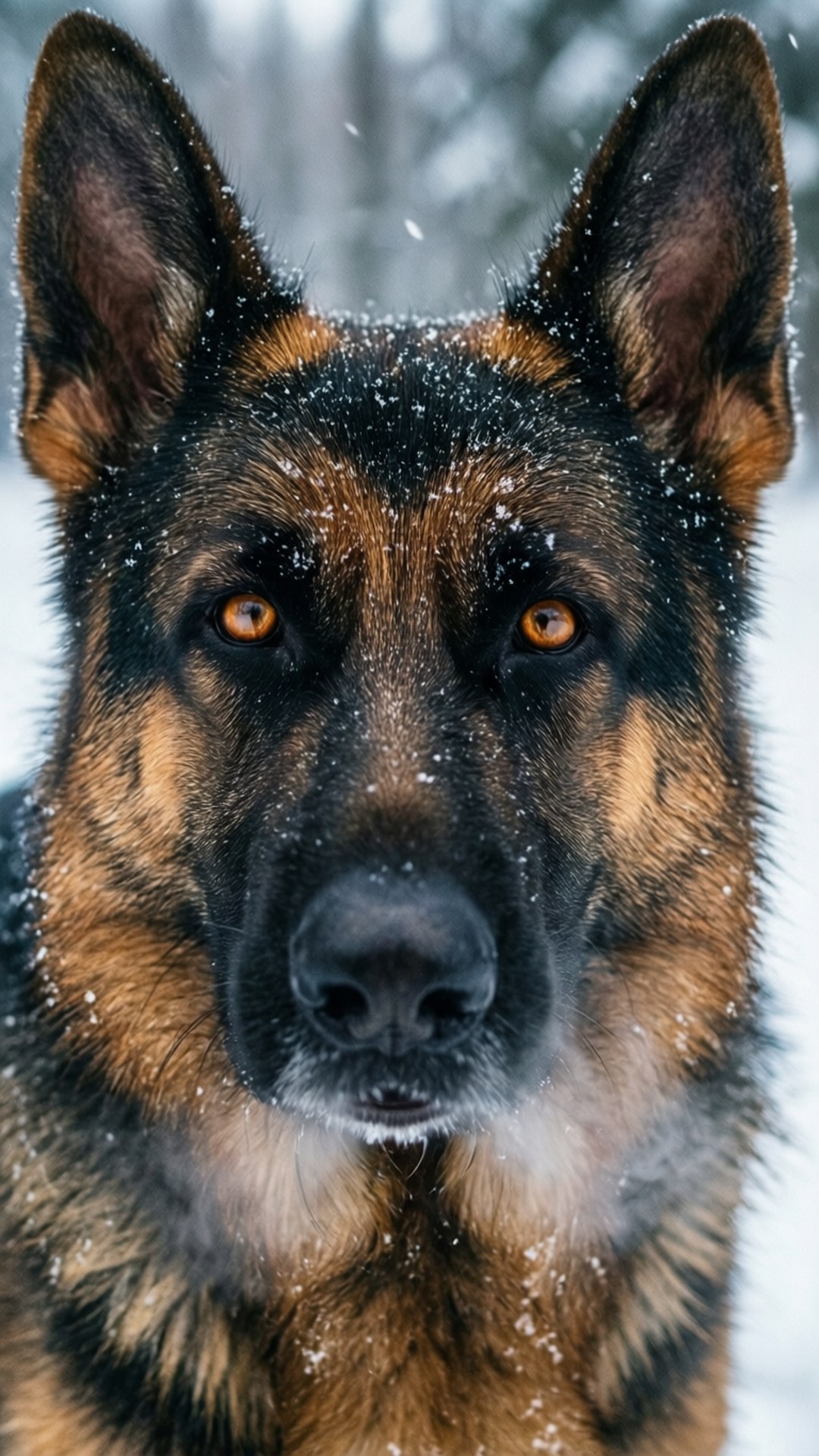 德國牧羊犬毛髮上沾有雪花，冬天直視鏡頭