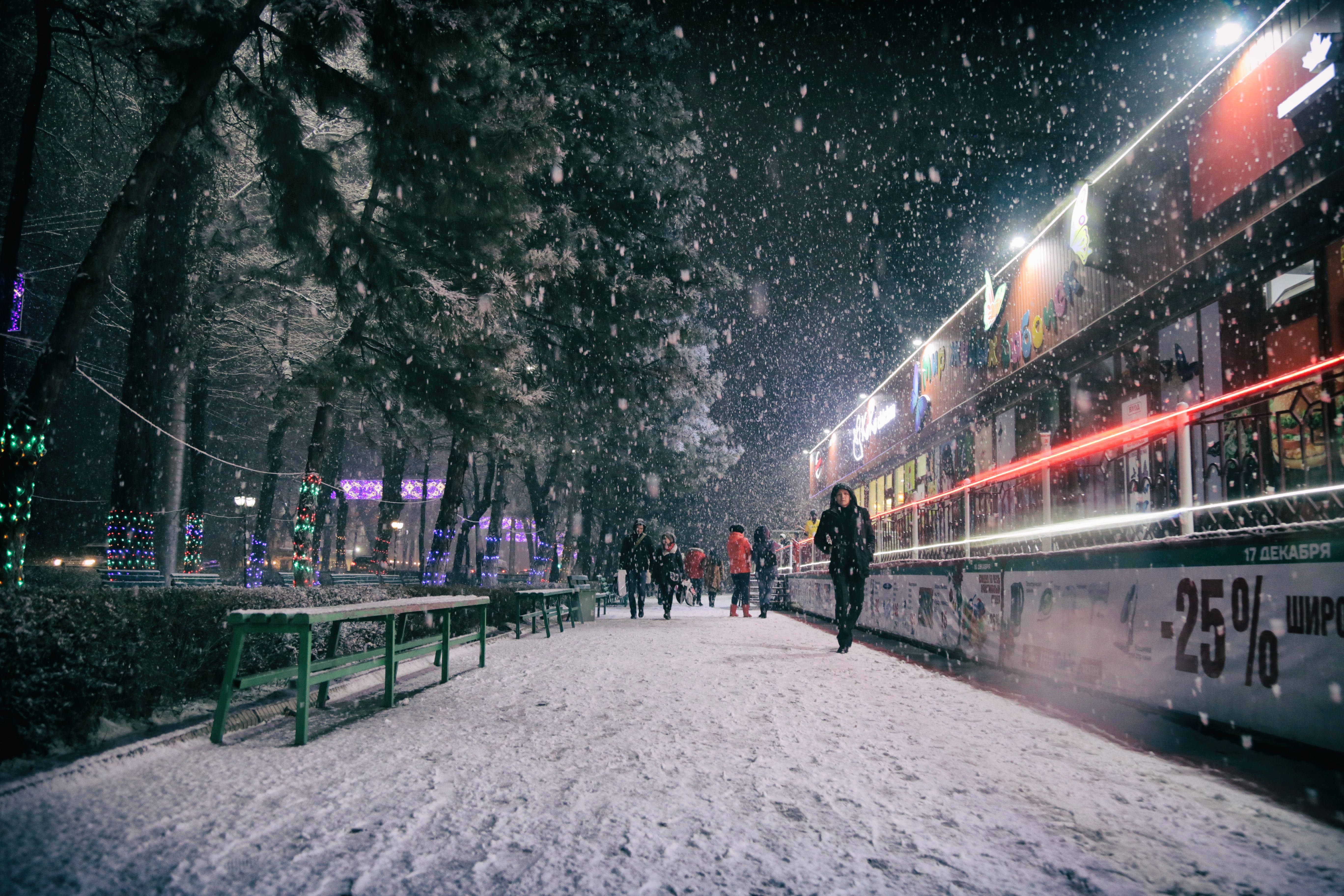 霜雪覆蓋的寧靜小徑 壁紙 — 雪輕輕落在夜間的城市人行道上，兩旁是閃爍的節日燈飾和積雪的樹木。