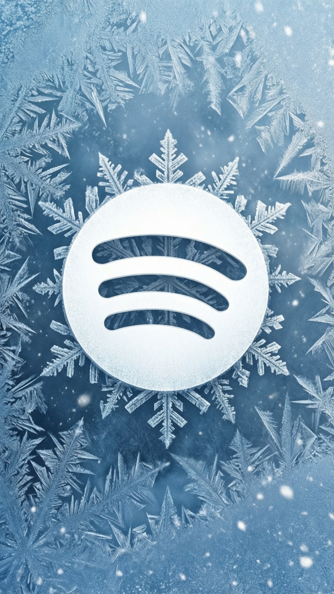 霜雪雪花標誌 壁紙 — Spotify 標誌居中於冰藍色背景上，帶有精緻的雪花和飄落的雪。