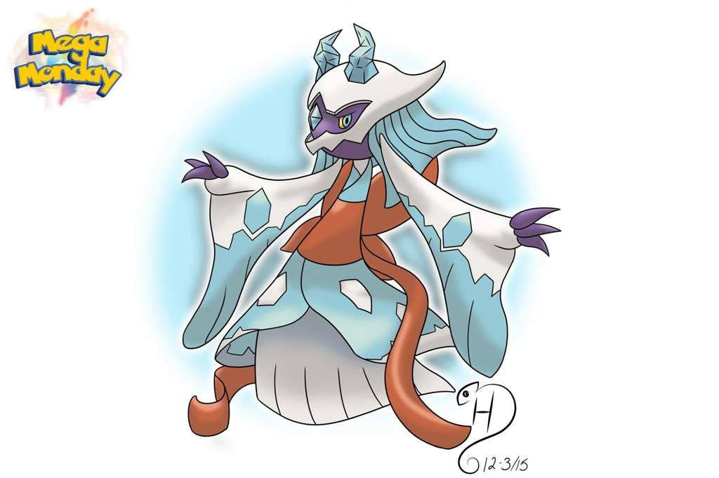霜鴉對比藍白漸層背景 壁紙 — 一隻威嚴的Mega Aegislash，身穿水晶鎧甲，披著飄逸的藍色斗篷，在柔和的光環中蓄勢待發。