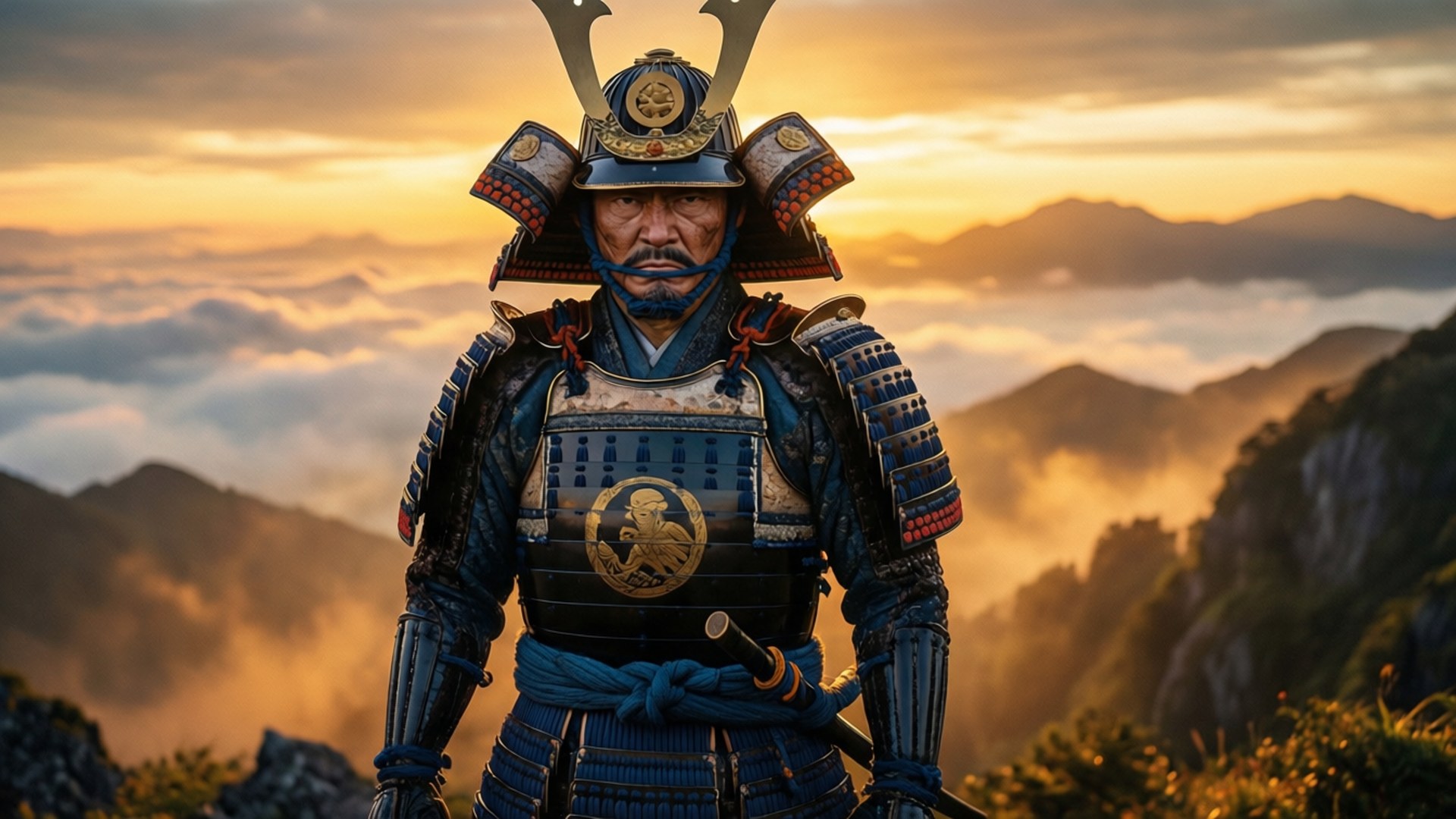 霧中武士 壁紙 — 一位身穿華麗藍色鎧甲的武士站在日出時分的山脊上，霧氣在金色天空下翻騰。