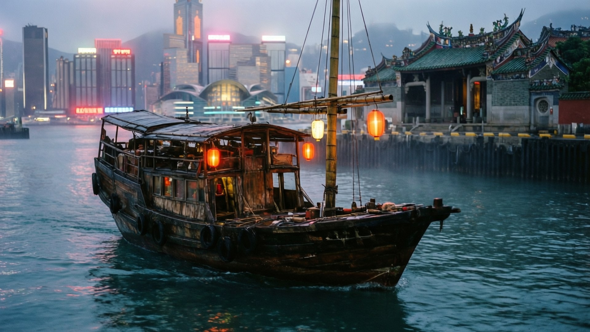霧中港灣帆船 壁紙