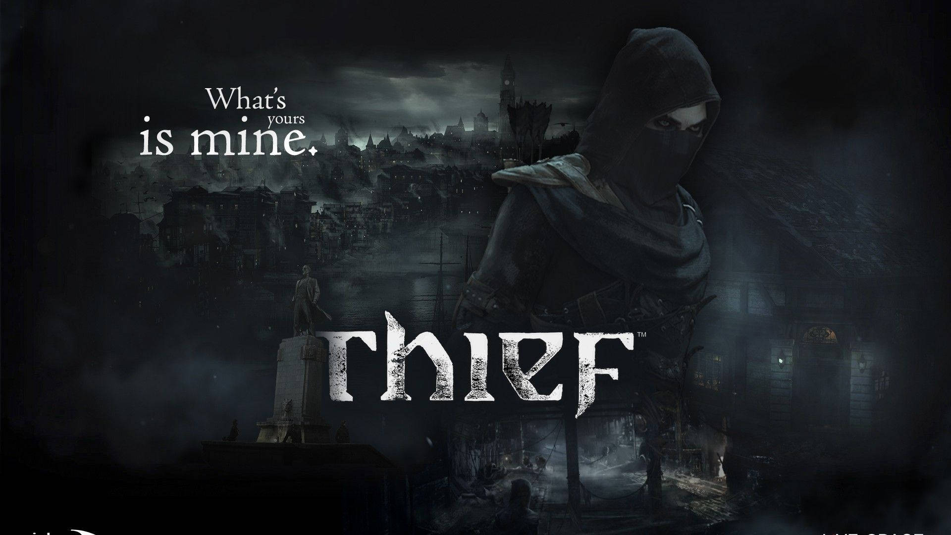 一個戴著兜帽的人物站在陰暗霧氣瀰漫的城市中，顯示著 thief 這個詞。