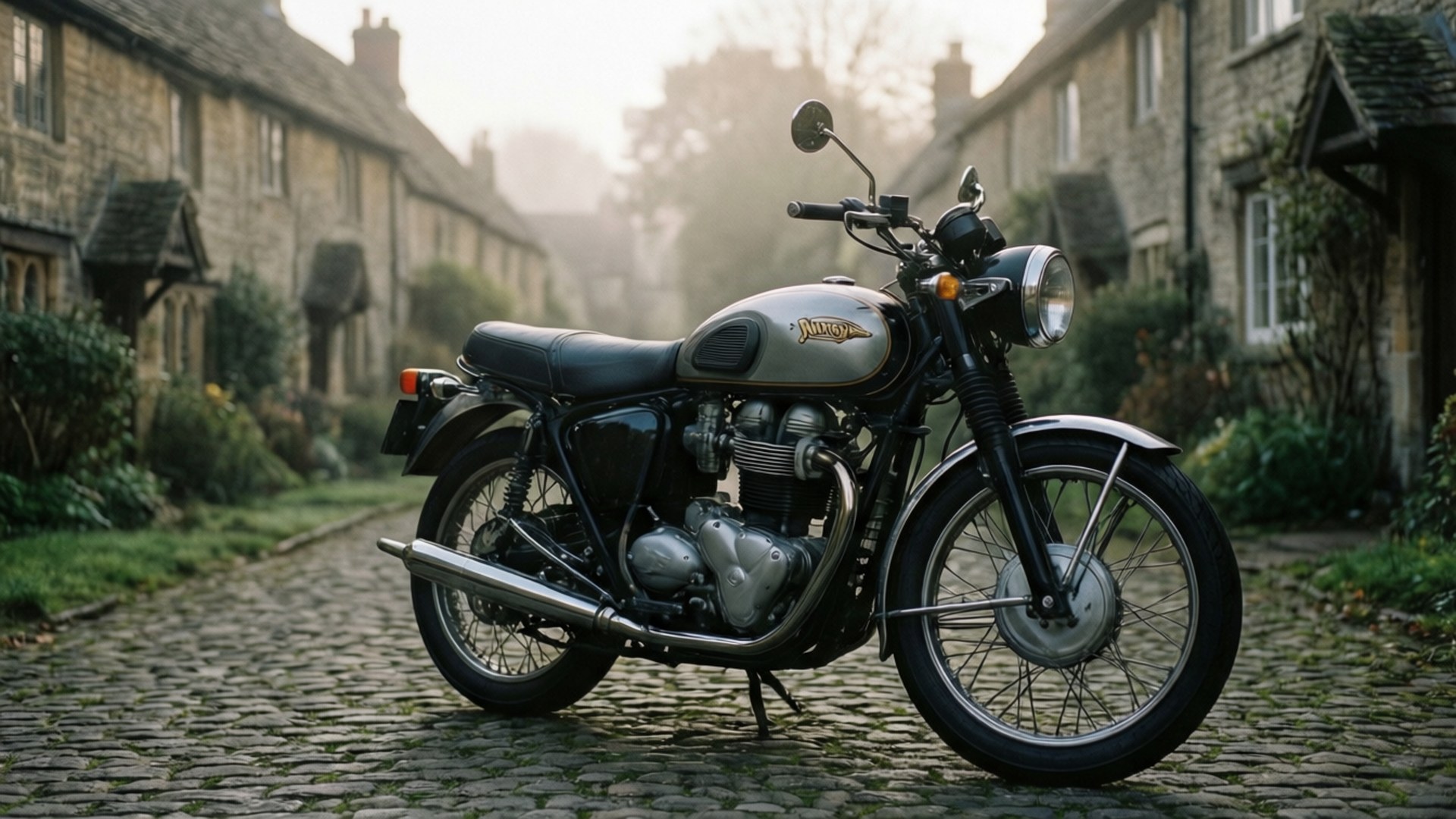 霧中諾頓摩托車 壁紙 — 一輛經典銀色 Triumph 電單車停泊在霧氣瀰漫的鵝卵石街道上，兩旁是石頭小屋。