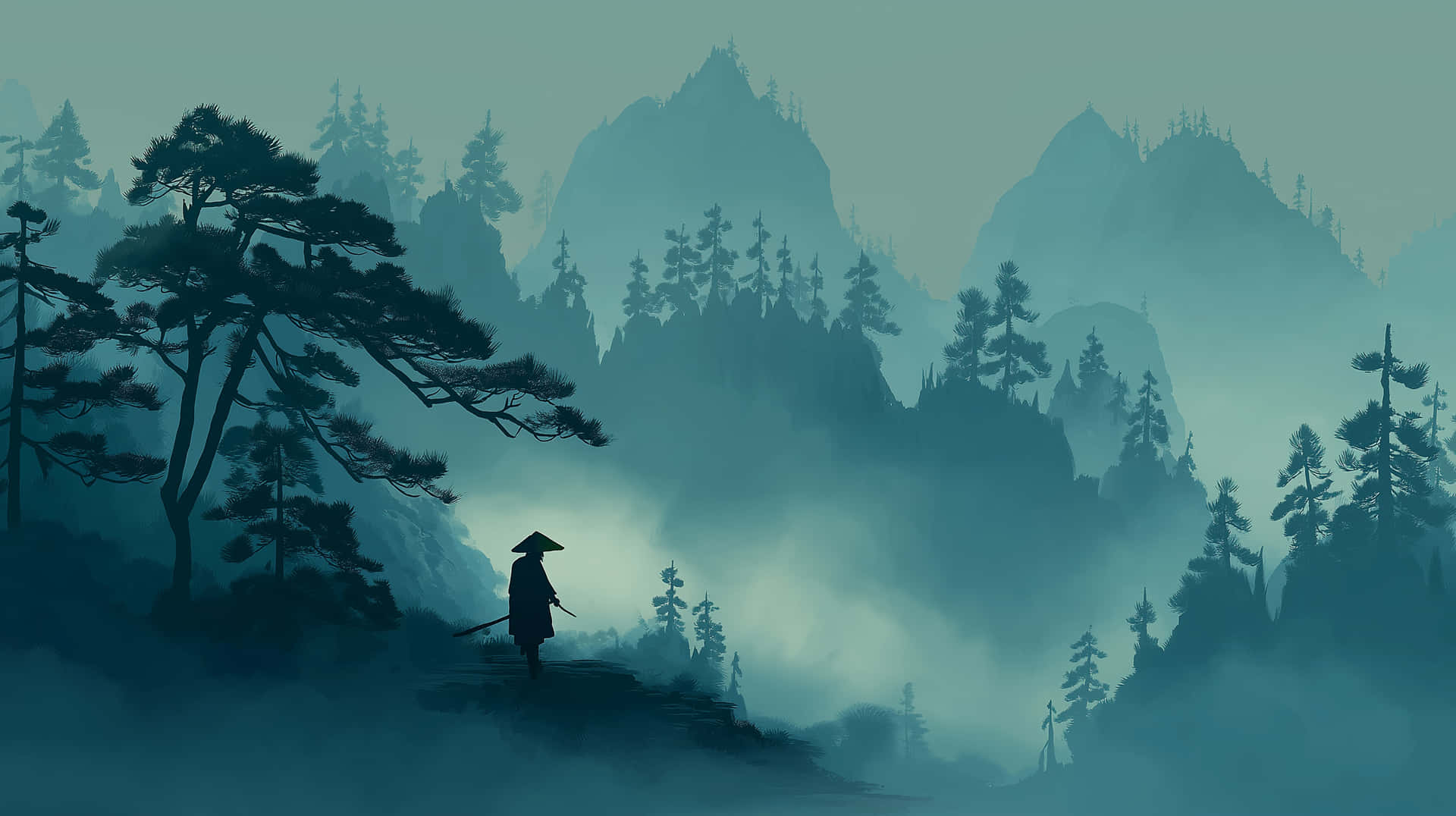 一個武士獨自走過霧氣瀰漫的山巒，松樹林立。
