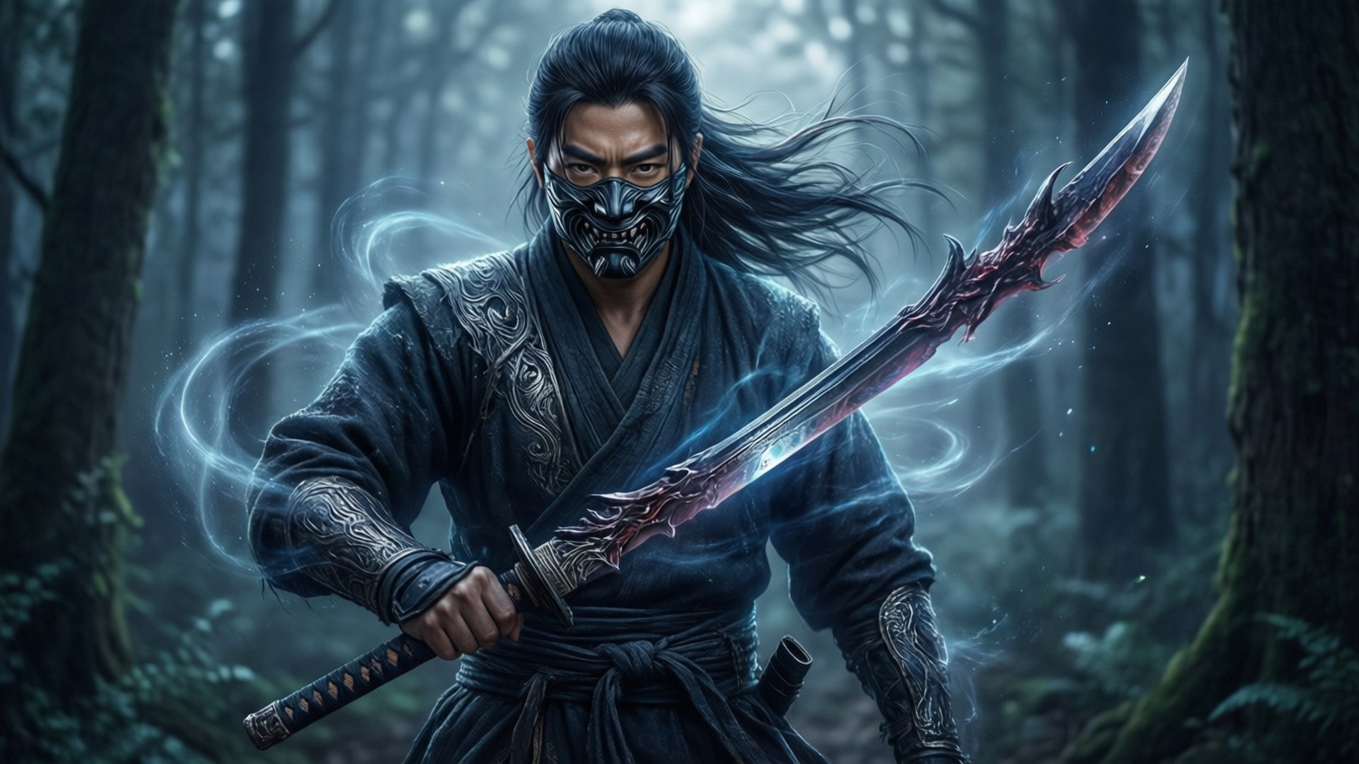 武士戰士在森林中手持發光劍，風吹動他的頭髮