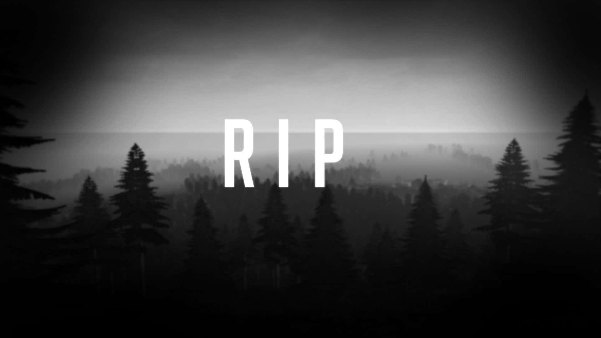裂開 桌布 壁紙 — 霧氣天空下的單色森林剪影，中央有粗體白色 RIP 文字。