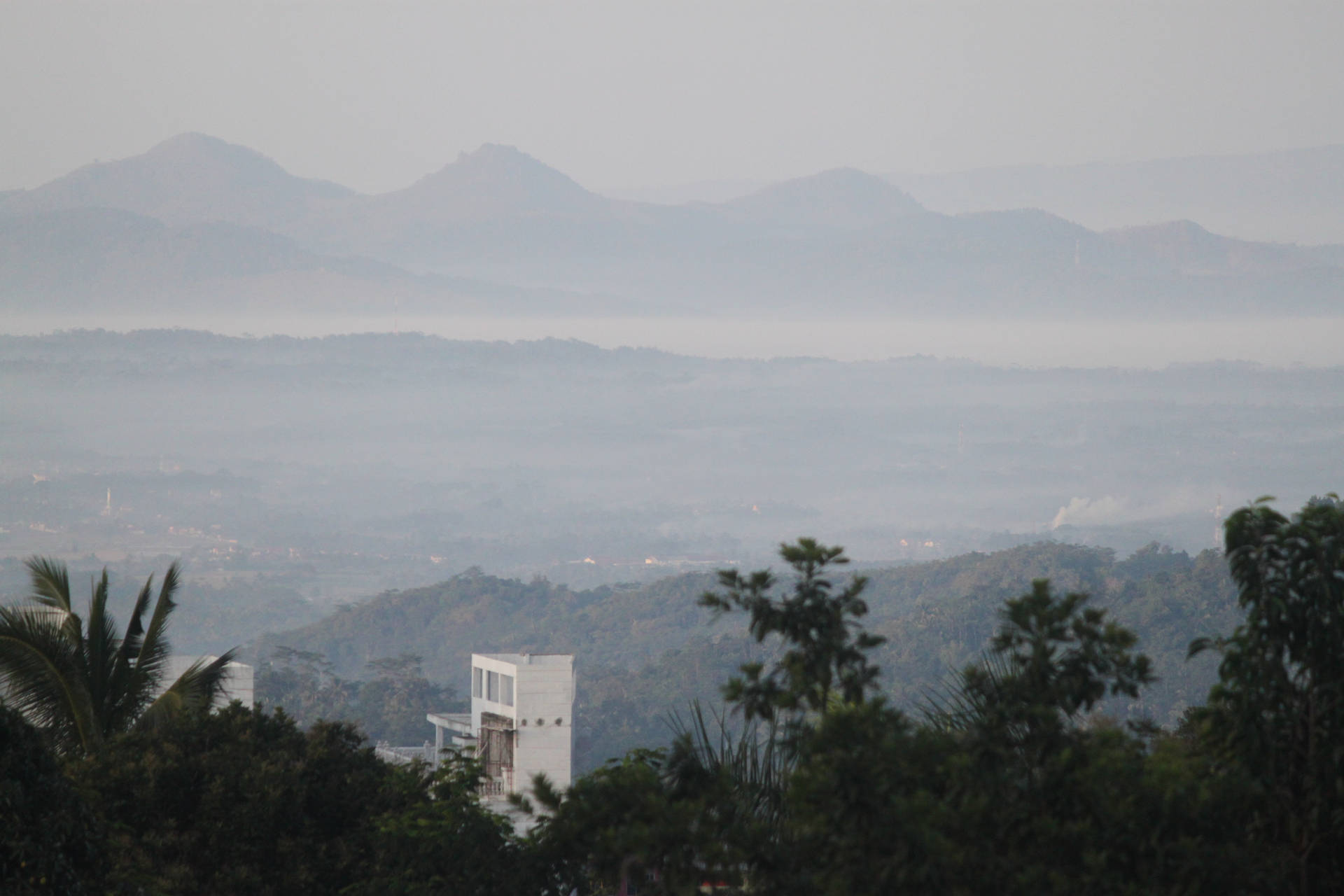 朦朧的山脈和山谷，前景有樹木和建築物