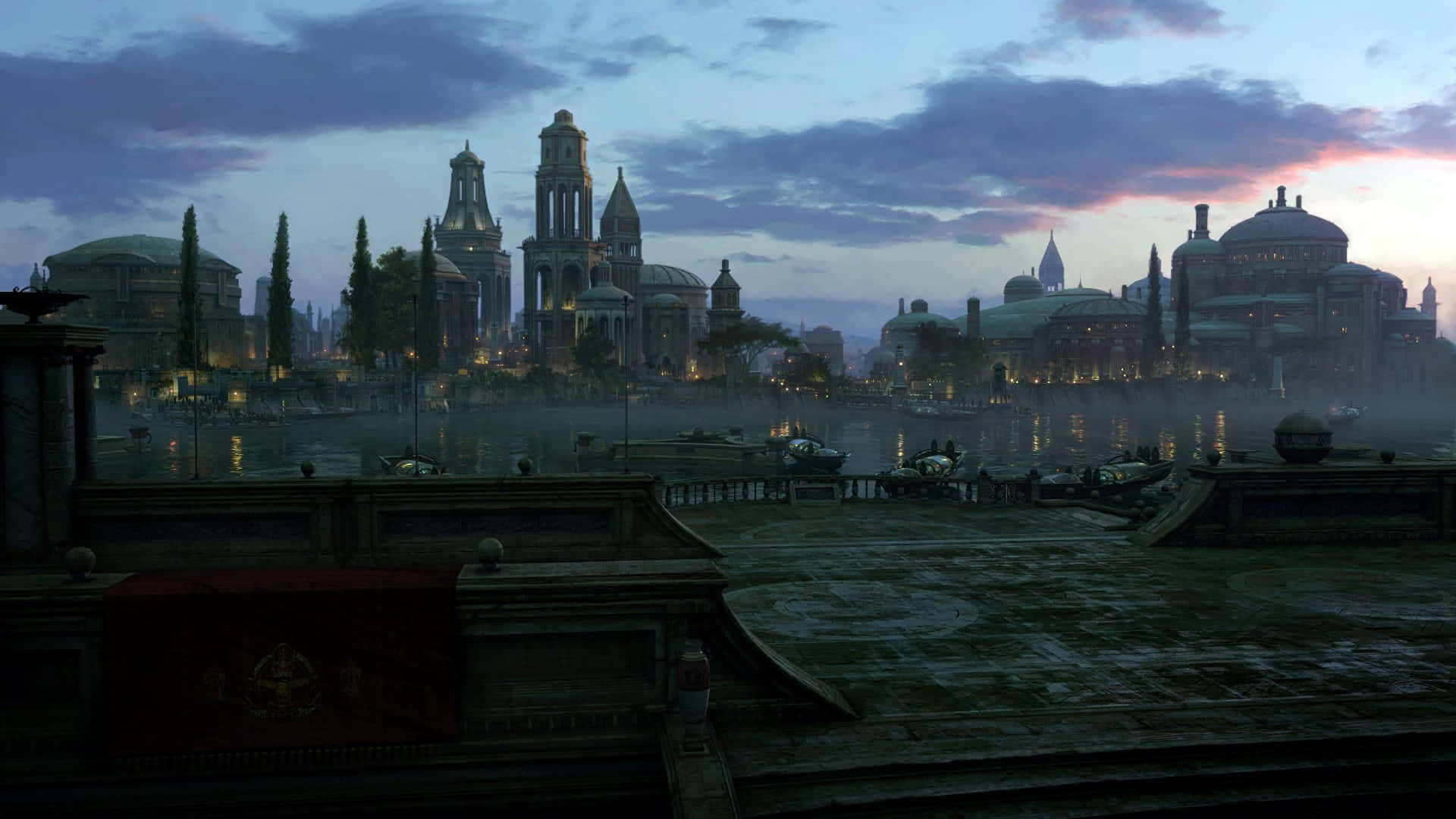 Naboo 桌布 壁紙 — 霧氣瀰漫的暮色城市景觀，宏偉的圓頂建築倒映在平靜的水面上，在昏暗的紫色和橙色天空下溫暖地發光。