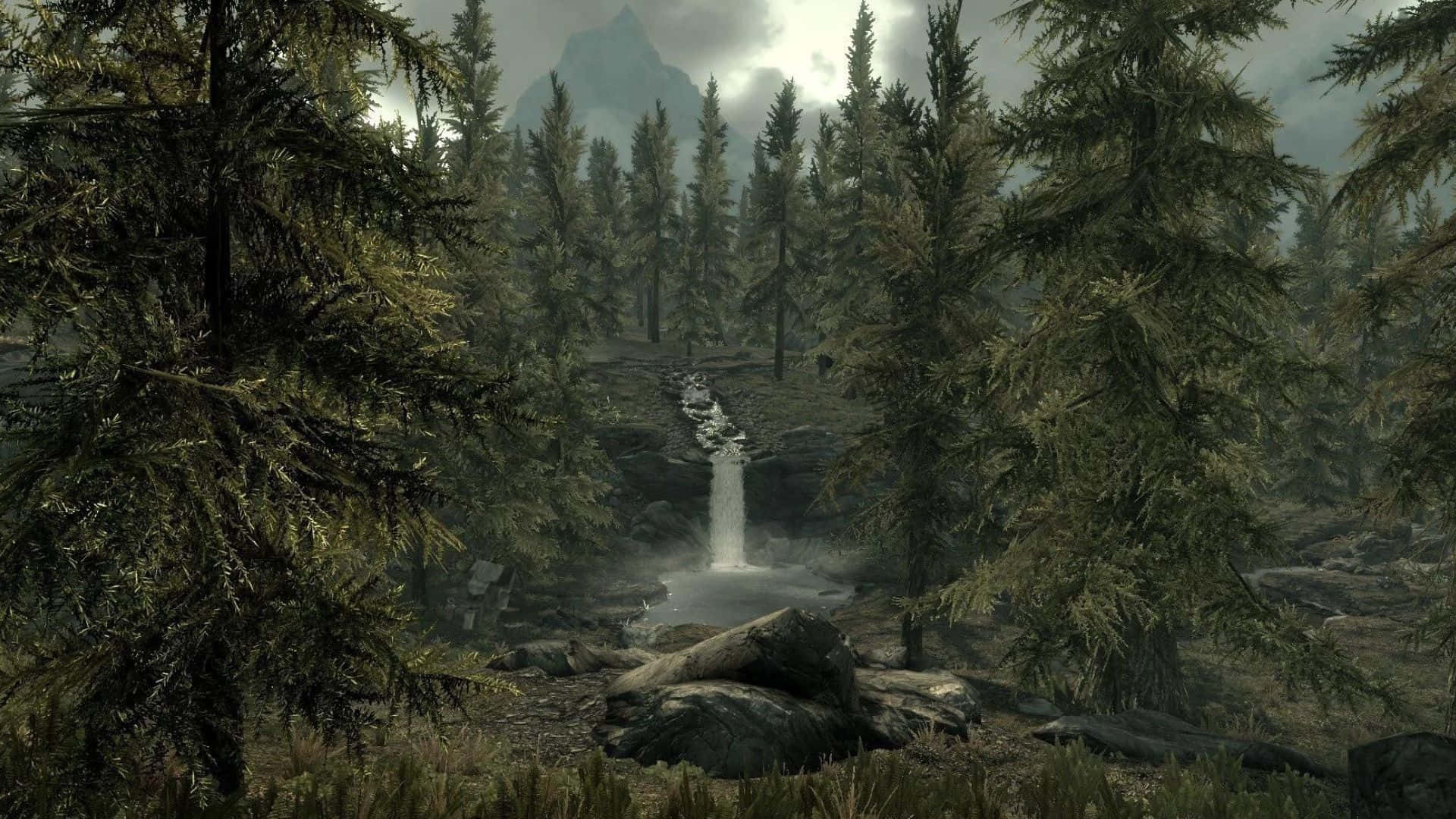Skyrim Falkreath 桌布 壁紙 — 霧氣瀰漫的森林瀑布穿過茂密的松樹，在陰天背景下遠山山峰隱約可見。
