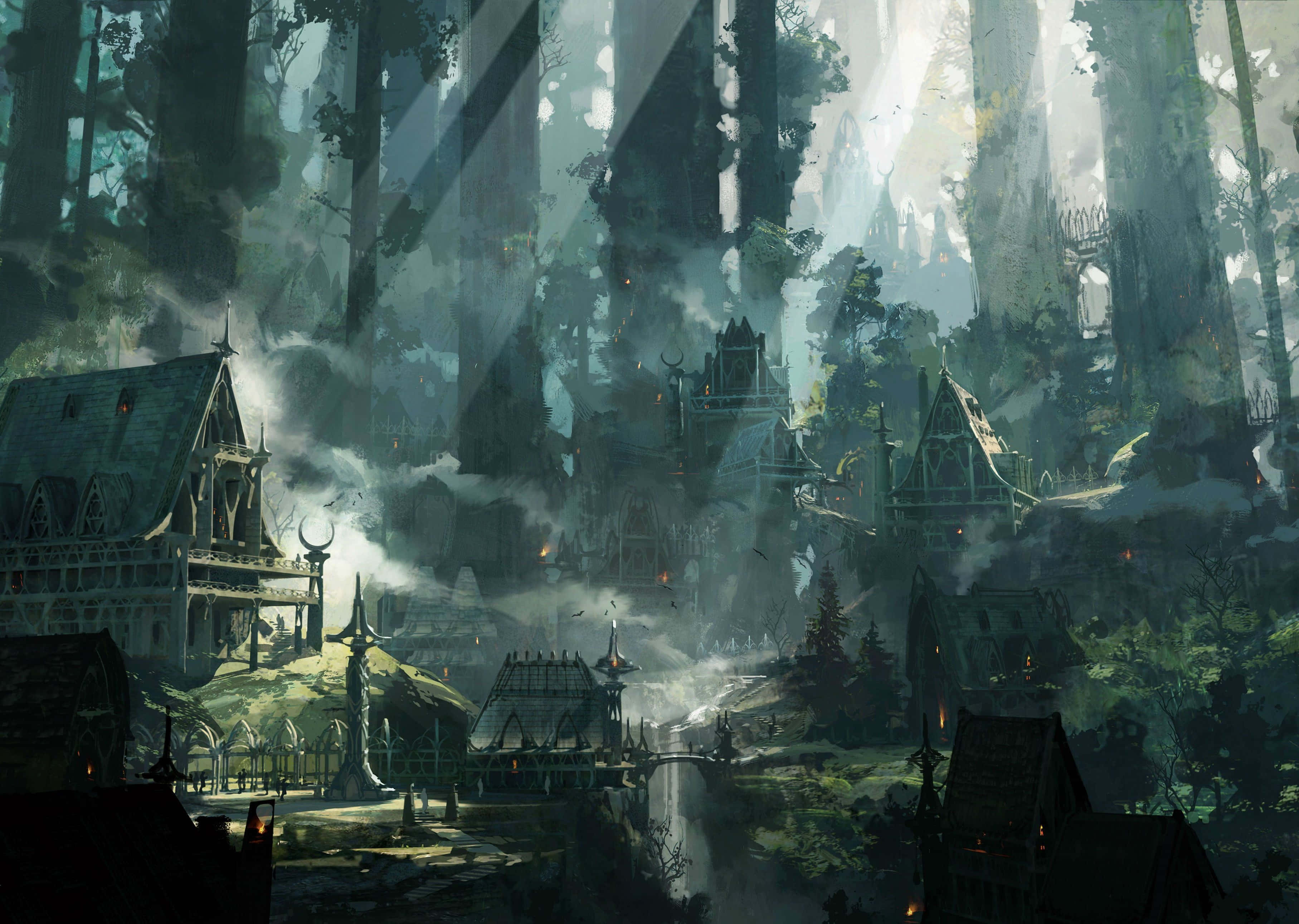 Dark Realm 桌布 壁紙 — 霧氣籠罩的森林中，古老的石結構和發光的餘燼閃耀，光束穿過高聳的樹木。