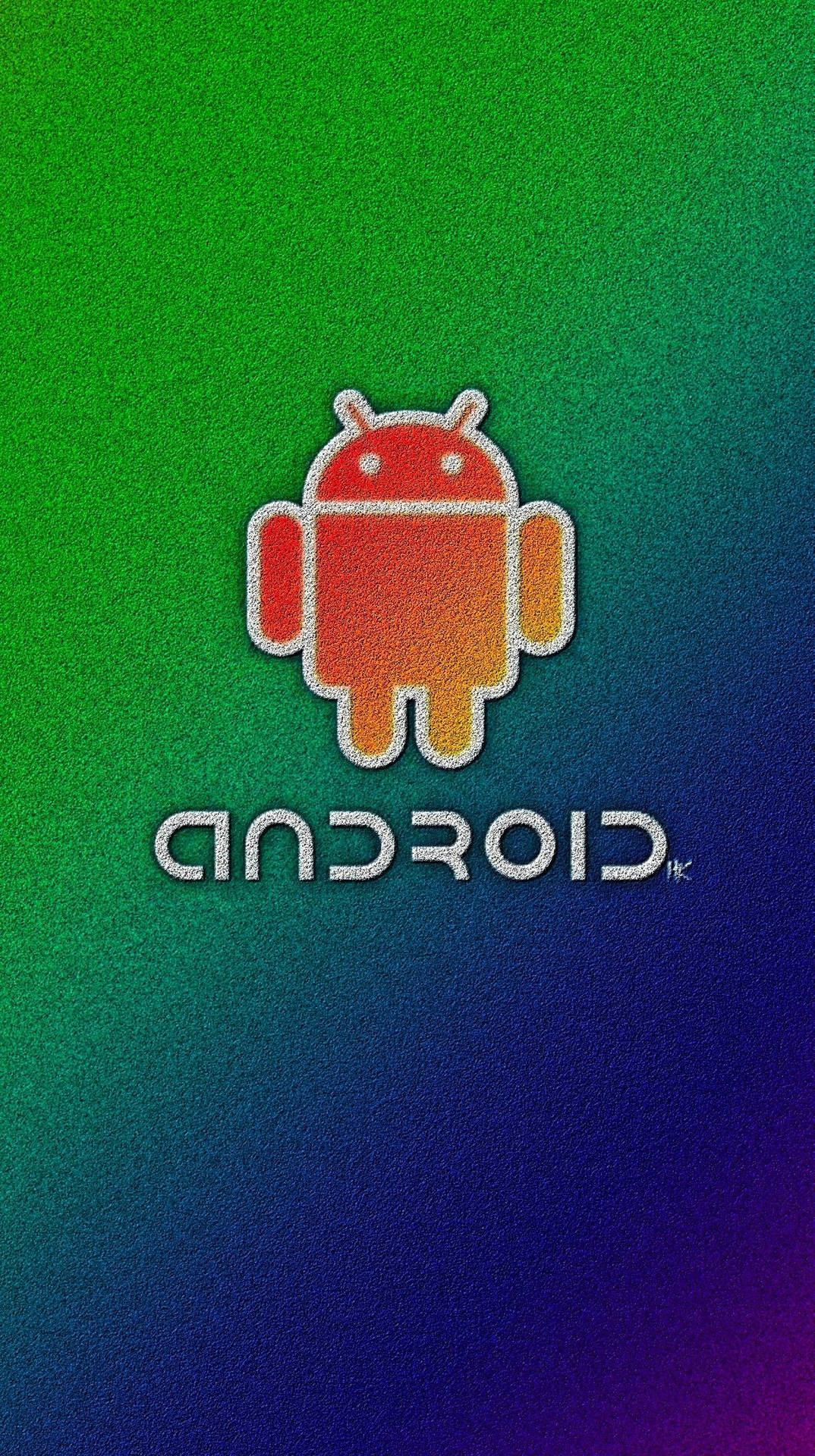 Android 機械人標誌在彩色漸變背景上帶有紋理效果。