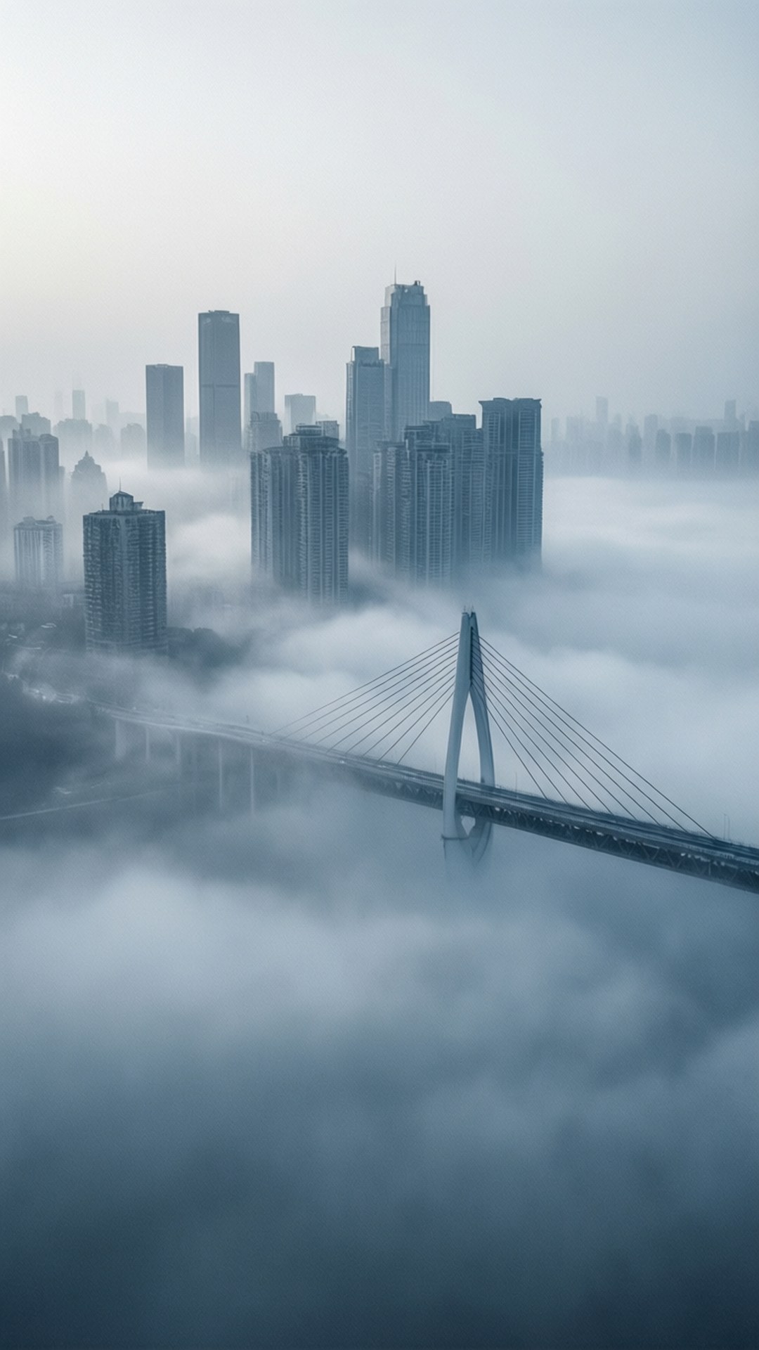一座橋橫跨霧氣籠罩的水面，背後摩天大樓從霧中升起。