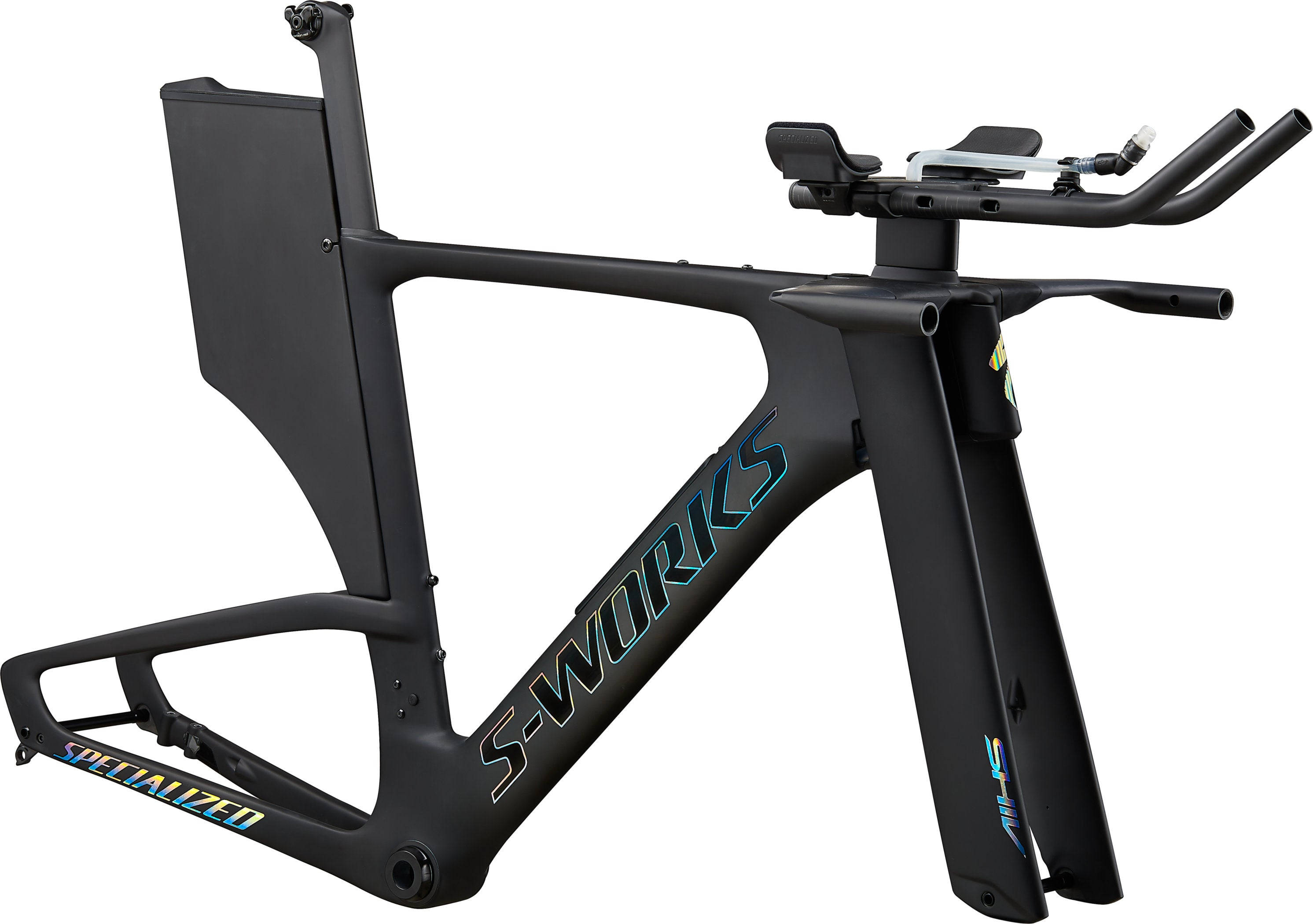霧黑專屬車架 壁紙 — 黑色流線型 Specialized S-Works 計時賽單車車架，配備空氣動力學設計及整合式駕駛艙，背景為白色。