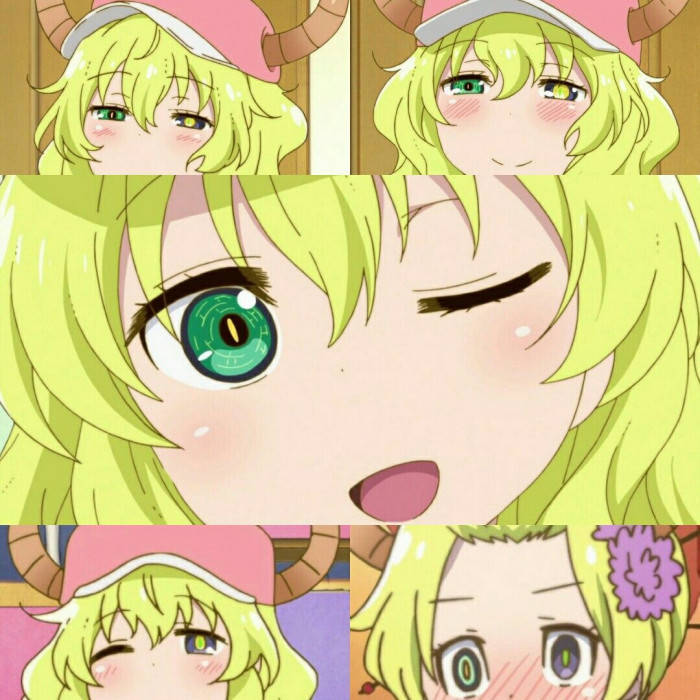 擁有綠色頭髮和發光眼睛的動漫女孩，展現各種俏皮表情。