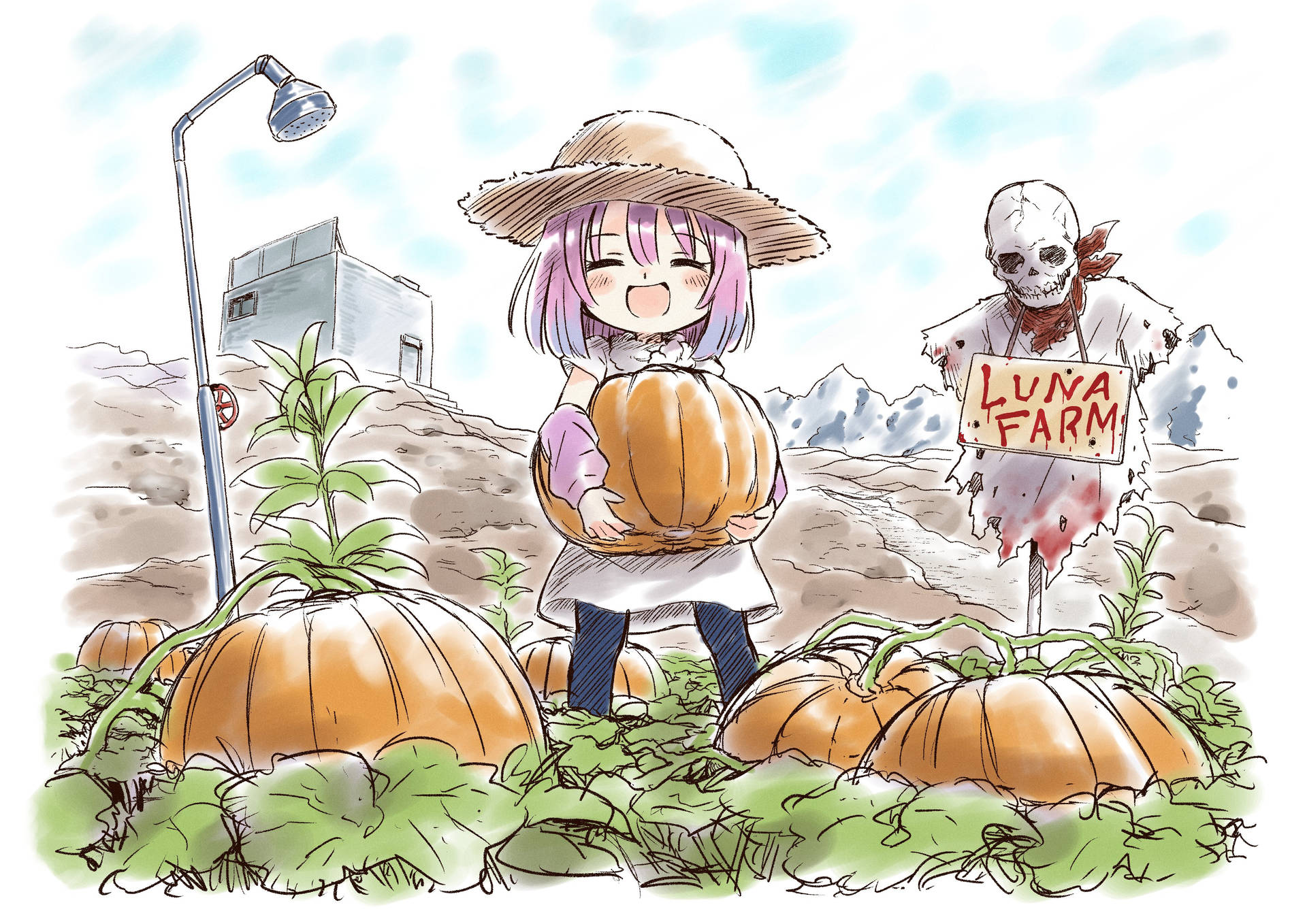 動漫女孩在 Luna Farm 拿著南瓜與骷髏稻草人。