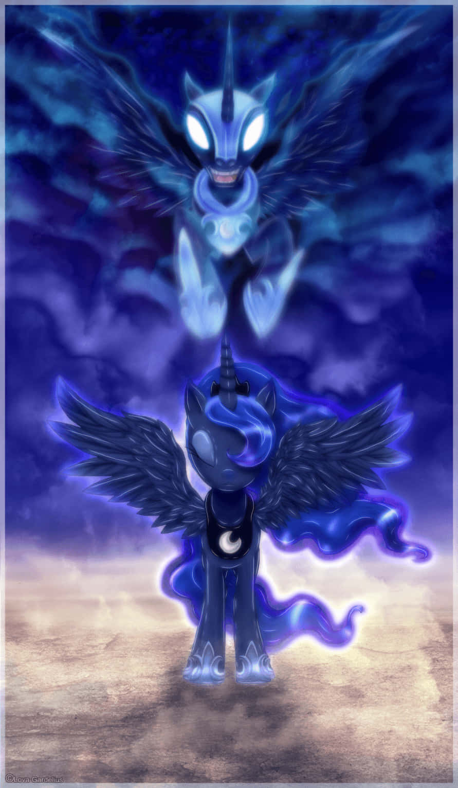 露娜重生為夜之惡魔 壁紙 — 一隻深藍色有翼小馬，眼睛發光，站在一個幽靈般的有翼獨角獸面前，背景是風暴黃昏的天空。
