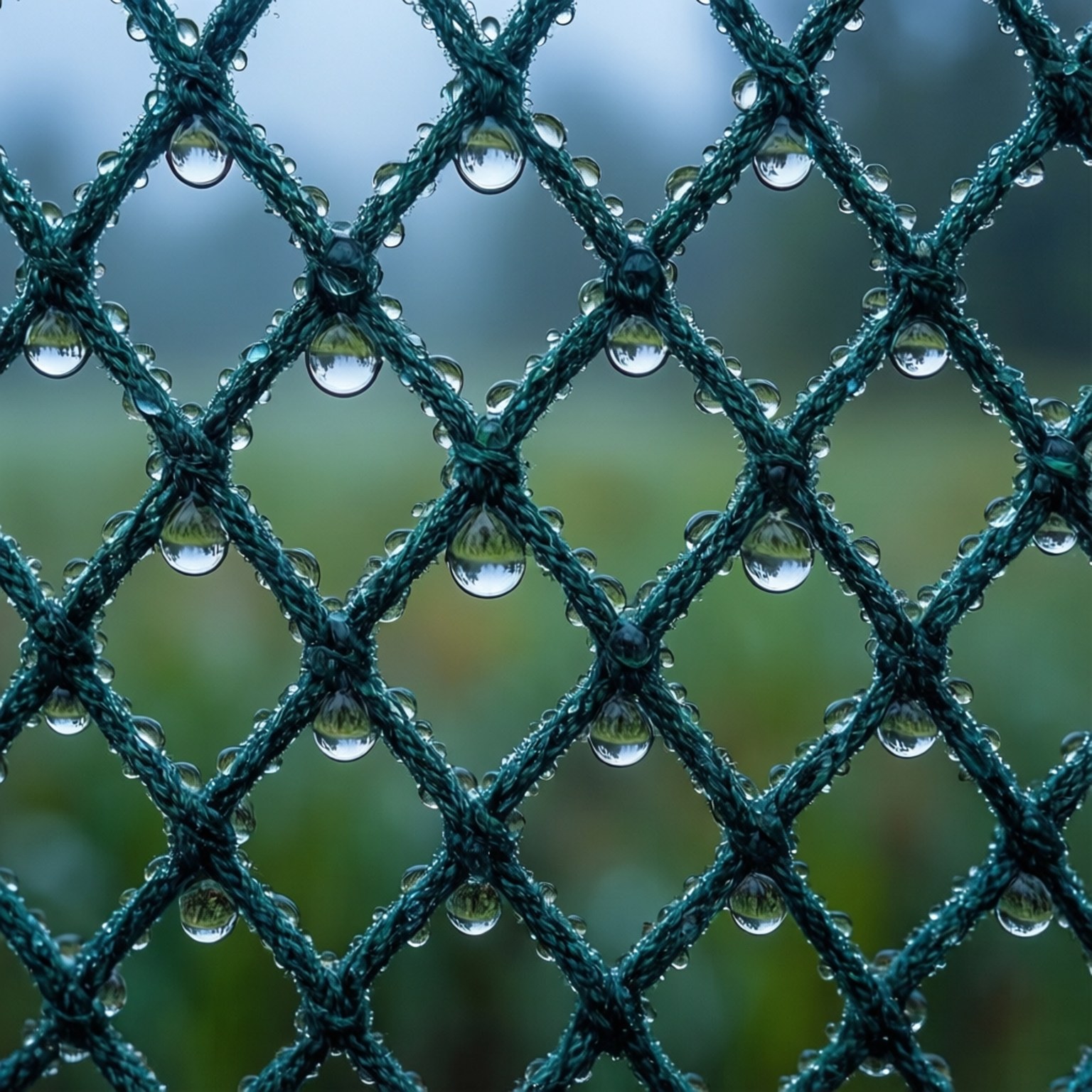 綠色網格上的雨滴反射出模糊的戶外景象。