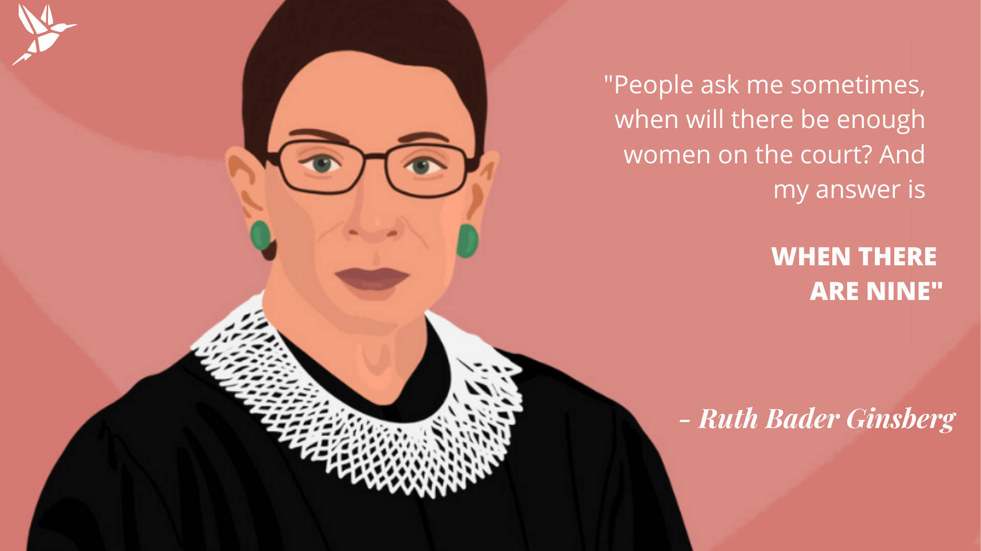 露絲·巴德·金斯伯格向量藝術 壁紙 — Ruth Bader Ginsburg 的插圖，身穿黑色長袍，搭配白色蕾絲領和綠色耳環，背景為柔和粉紅色，並附有她的名言。