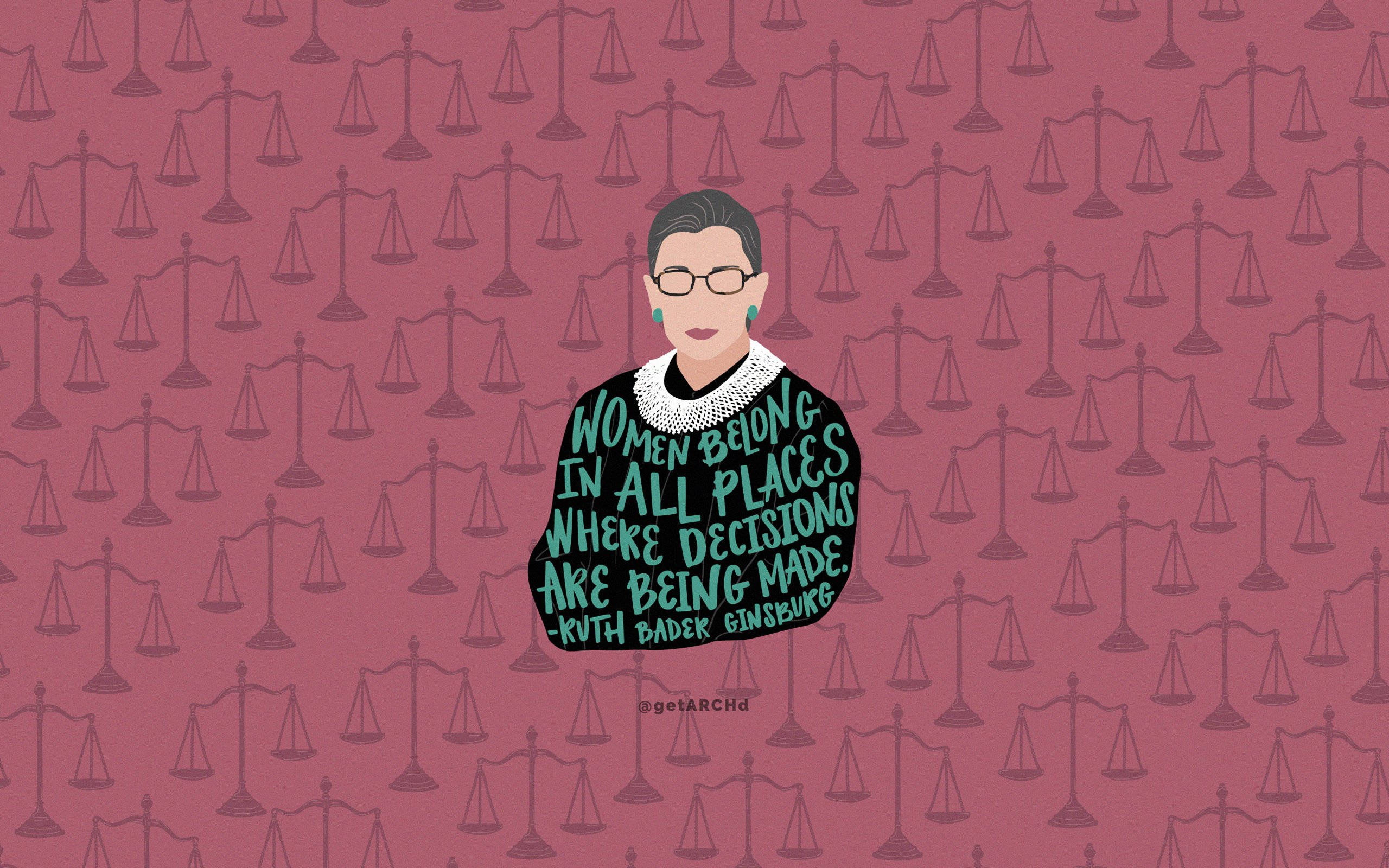露絲·巴德·金斯伯格向量藝術引言 壁紙 — Ruth Bader Ginsburg 的插圖，她的名言被重複的正義天平環繞，背景為淡紫色。