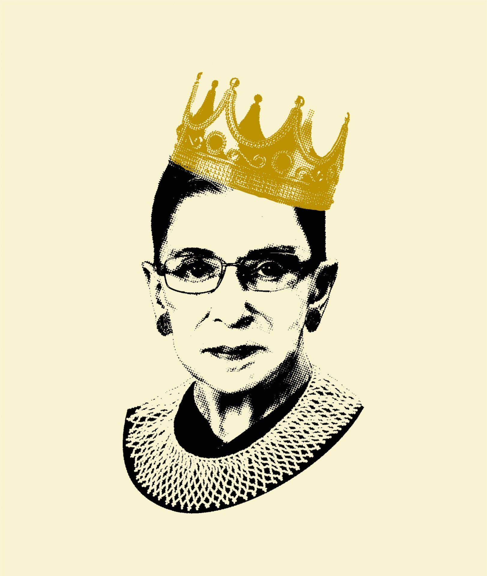 露絲·巴德·金斯伯格數位波普藝術 壁紙 — Ruth Bader Ginsburg 的風格化肖像，戴著金色皇冠，背景為奶油色。