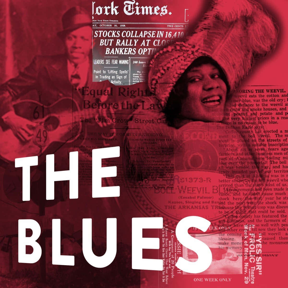 露絲·布朗新聞報紙 壁紙 — 粗體白色 'THE BLUES' 文字疊加在復古紅色調報紙剪報上，展示歷史黑人人物和頭條新聞。