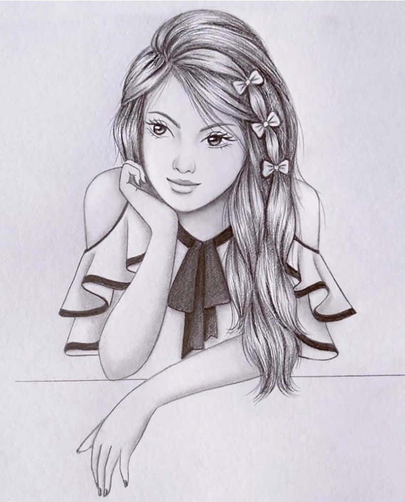 露肩上衣女孩素描 壁紙 — 一幅詳細的鉛筆素描，描繪一位長髮上飾有蝴蝶結的年輕女子，手托下巴。