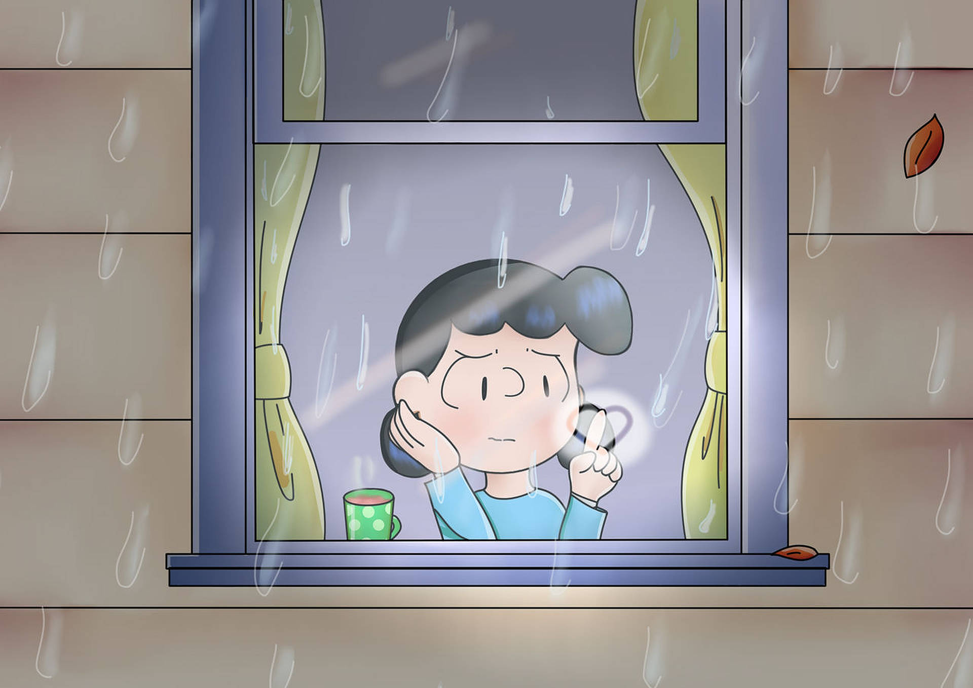 露西·范·佩爾特窗邊 壁紙 — 一個穿著藍色襯衫的悲傷動漫女孩，望著下雨的窗外，手裡拿著一個綠色杯子，窗台上有一片葉子。