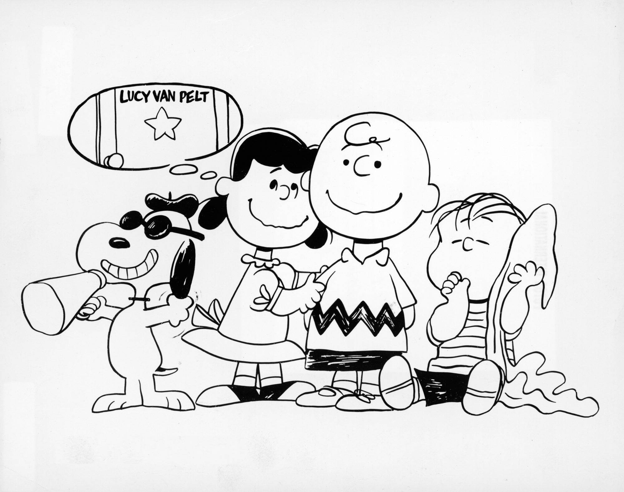 露西·范·佩爾特線條畫 壁紙 — 經典黑白花生漫畫角色，包括 Lucy、Snoopy 和 Charlie Brown，以歡樂的群體姿勢呈現。