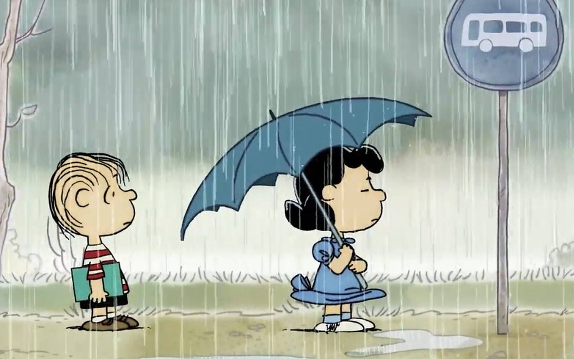 露西·范·佩爾特雨中 壁紙 — 《花生漫畫》角色露西和萊納斯在雨中撐著傘、拿著書本在巴士站等候。