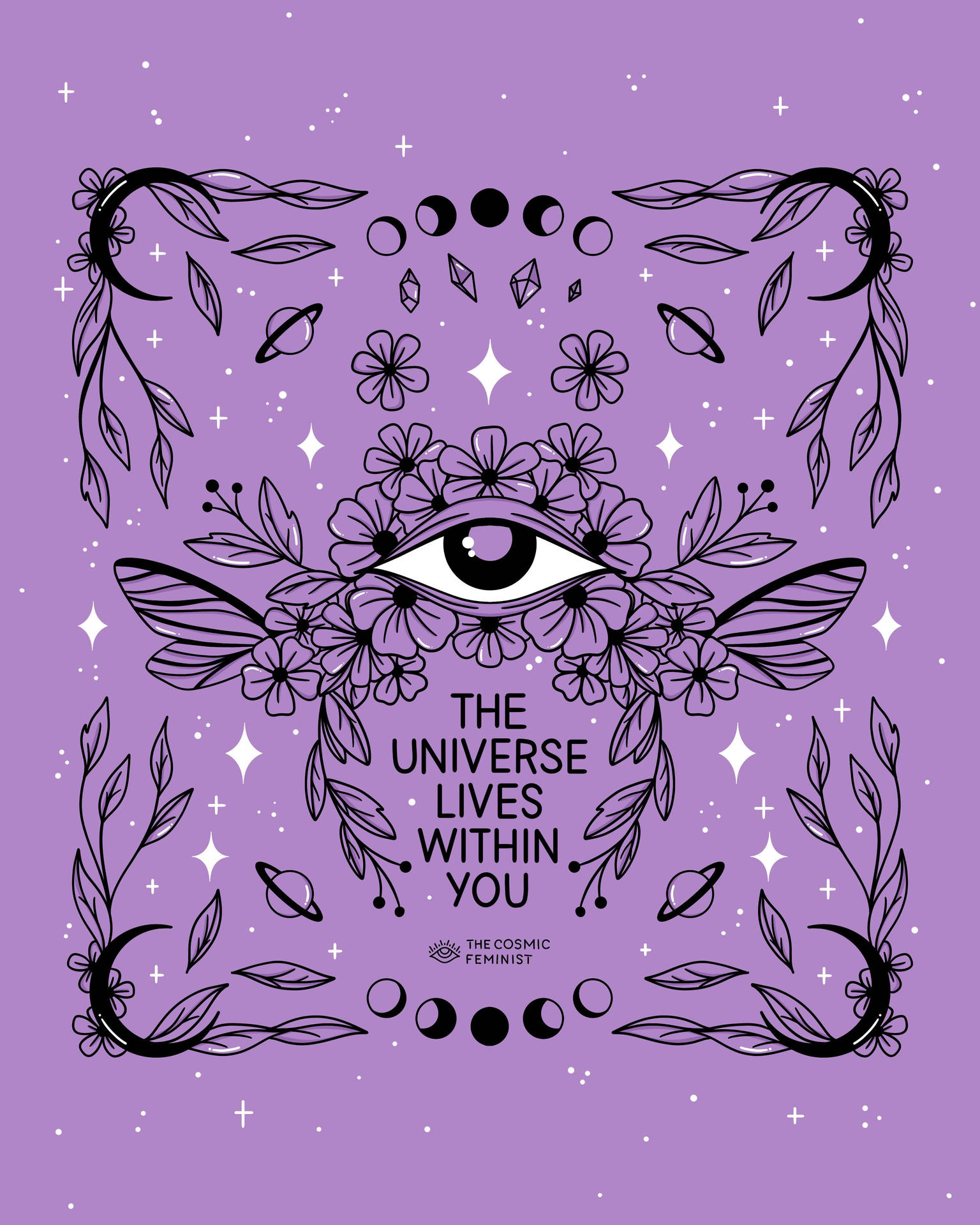 神秘的紫色插圖，有眼睛、花朵和宇宙符號，寫著「The Universe Lives Within You」。