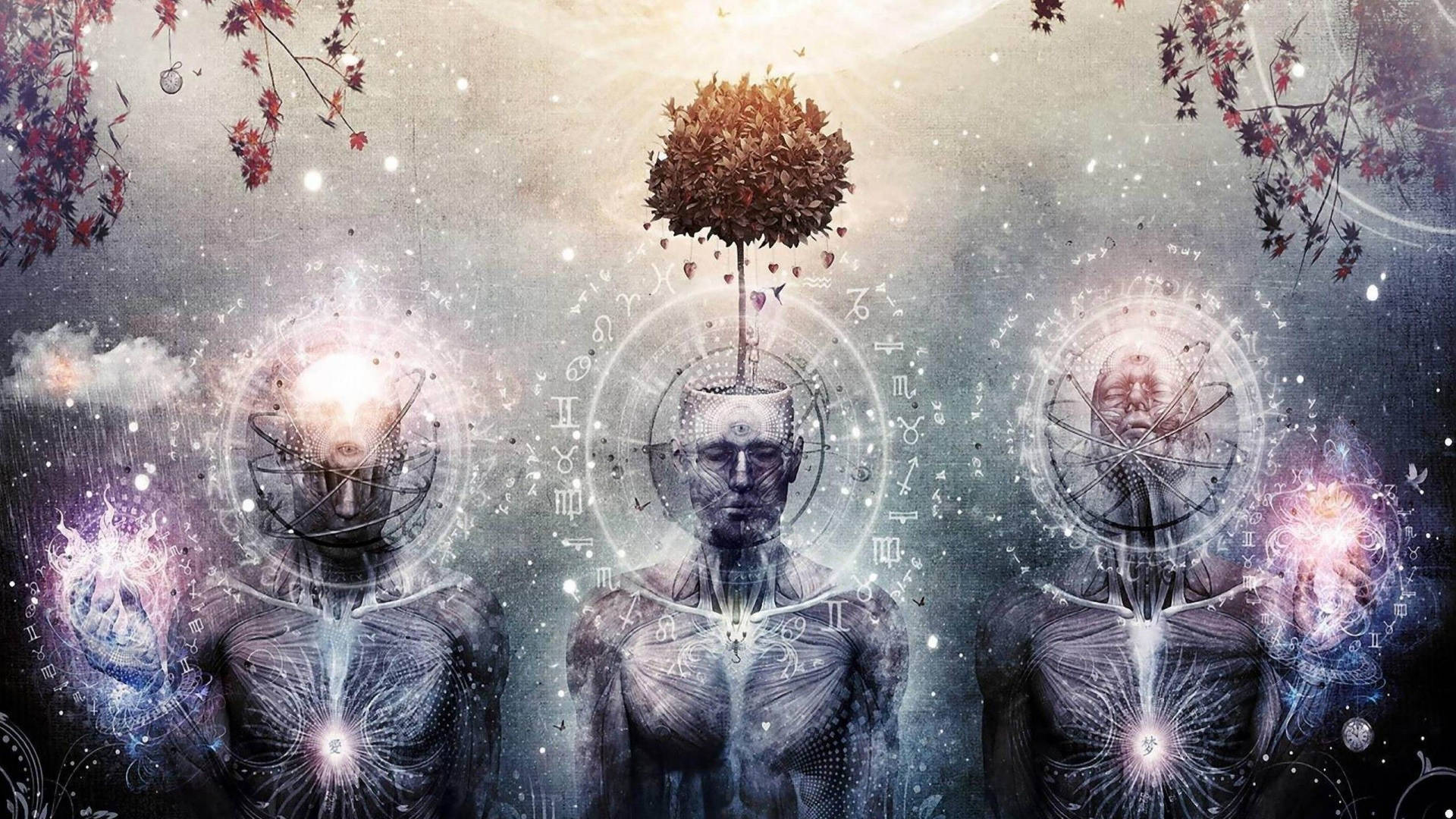 三個發光的人形人物，帶有星座符號和一棵秋葉樹，處於宇宙環境中。