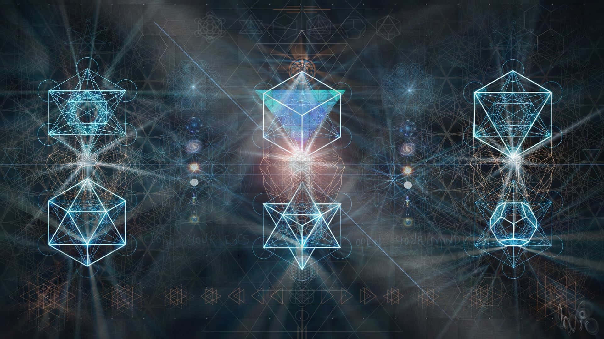 三個發光的幾何晶體結構在宇宙抽象數位藝術場景中散發光芒。