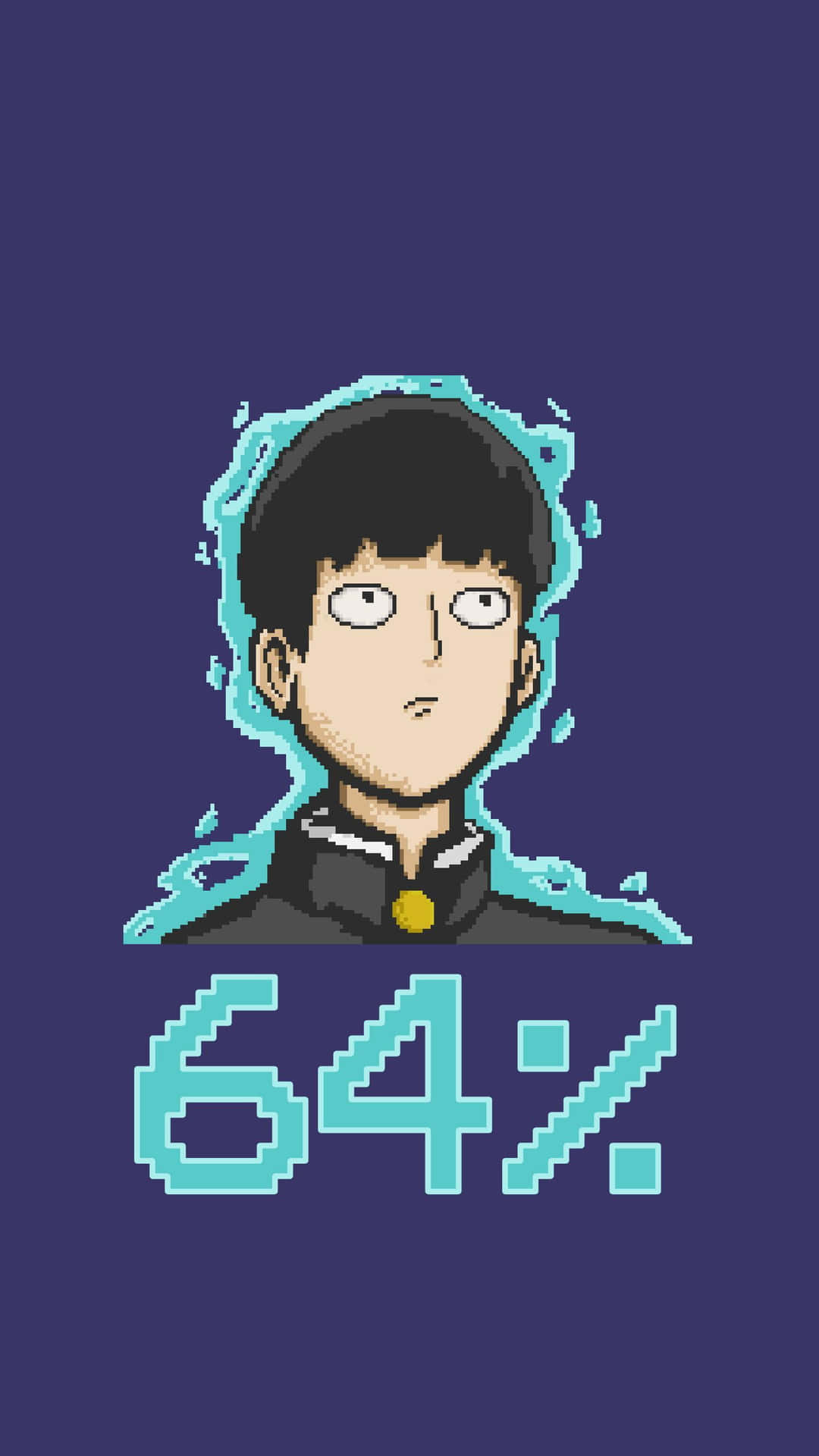 《靈能百分百》64%風格圖 壁紙 — 像素藝術肖像畫，描繪一個驚訝的動漫男孩，帶有青色能量光環，背景為深紫色，顯示64%進度。