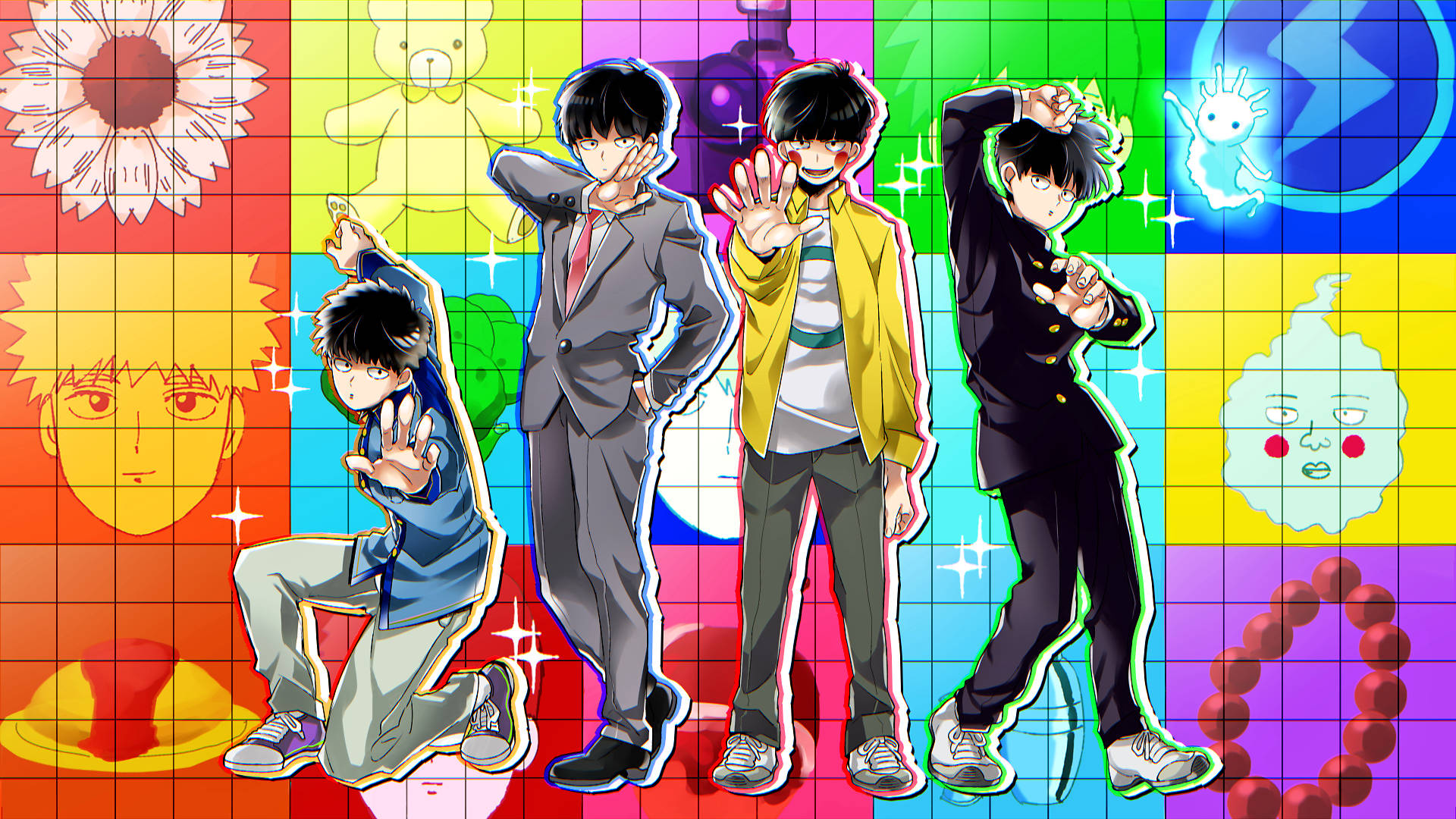 《靈能百分百》中的笑佛無所不能 壁紙 — 四個動漫男孩以動態姿勢站在色彩繽紛的卡通背景網格前。