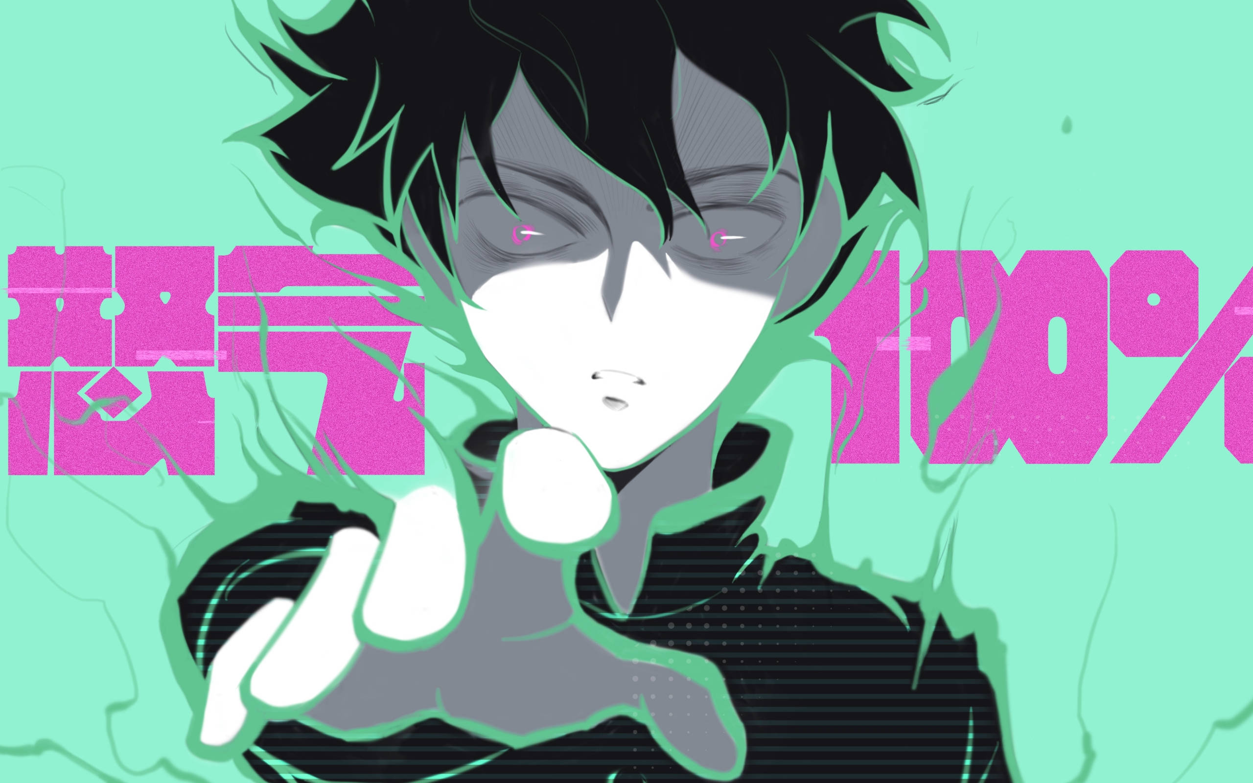 《靈能百分百》主角市川「Mob」影山 壁紙 — 一個黑髮、發光粉紅眼睛的動漫角色引導綠色能量，粗體粉紅文字在薄荷色背景上寫著「怒气100%」。