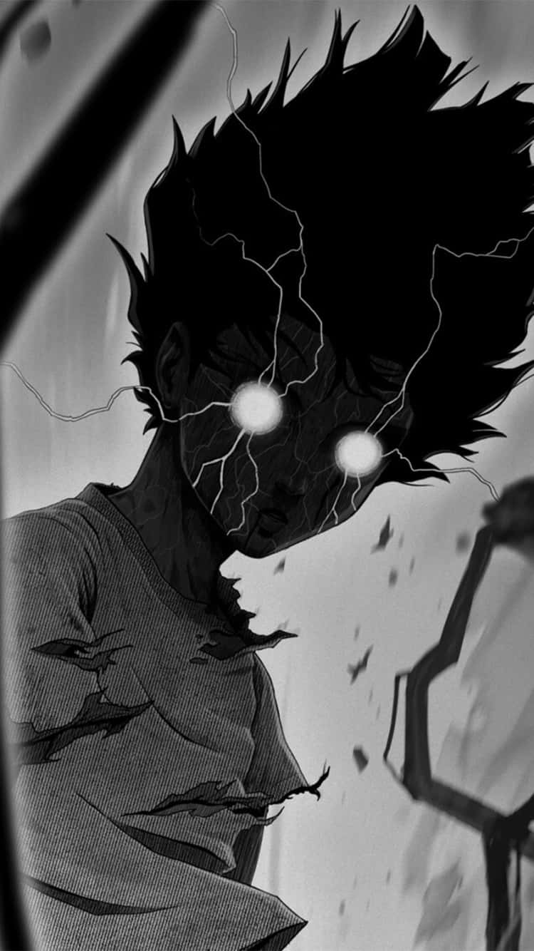 《靈能百分百》單色畫面 壁紙 — 一個單色動漫角色，眼睛發光，電流通過他們尖刺的頭髮和臉部噼啪作響。