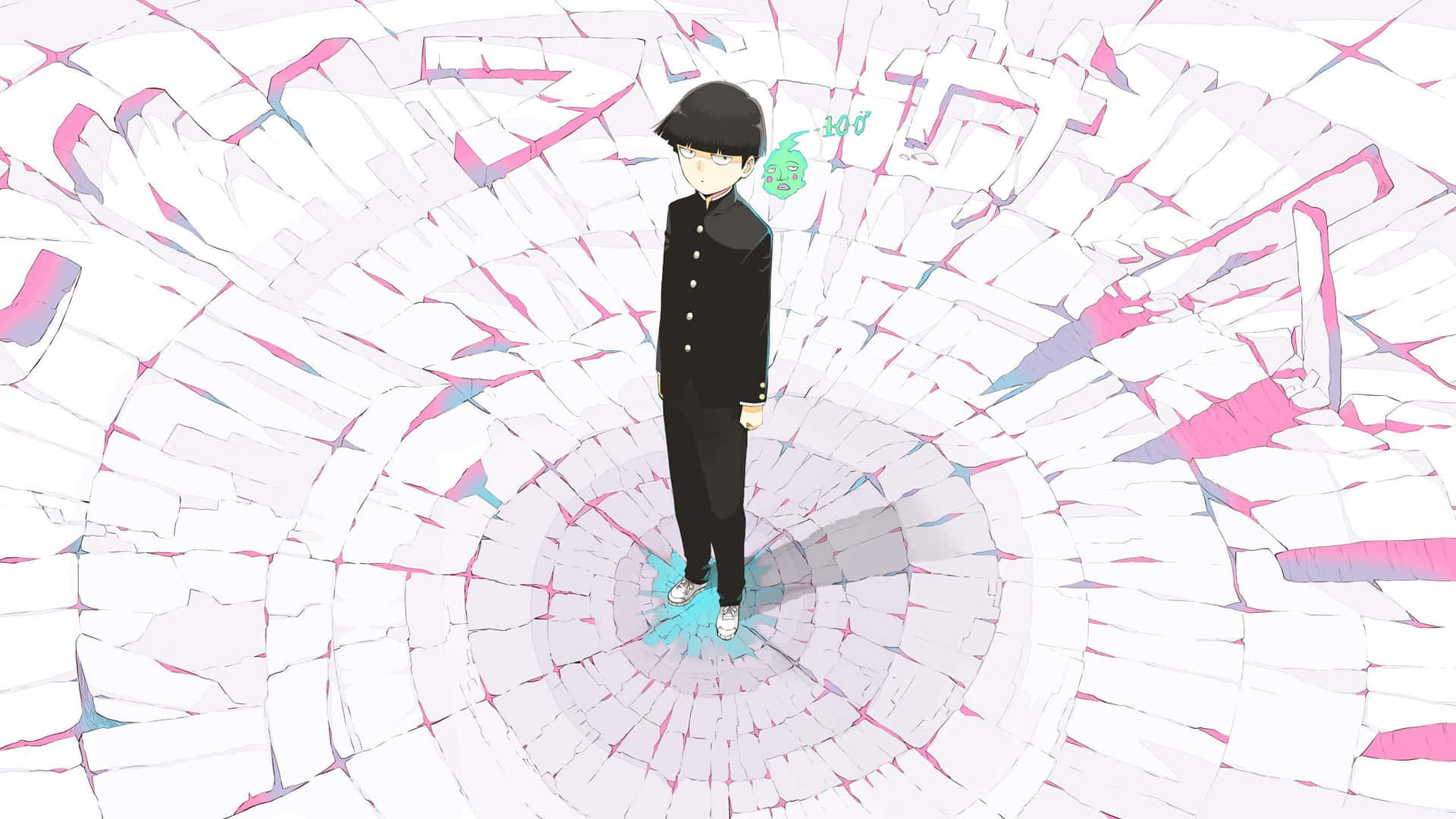 《靈能百分百》地面破裂圖 壁紙 — 一個孤獨的動漫男孩穿著黑色制服，站在由破碎的白色和粉紅色紙片組成的螺旋漩渦中心。