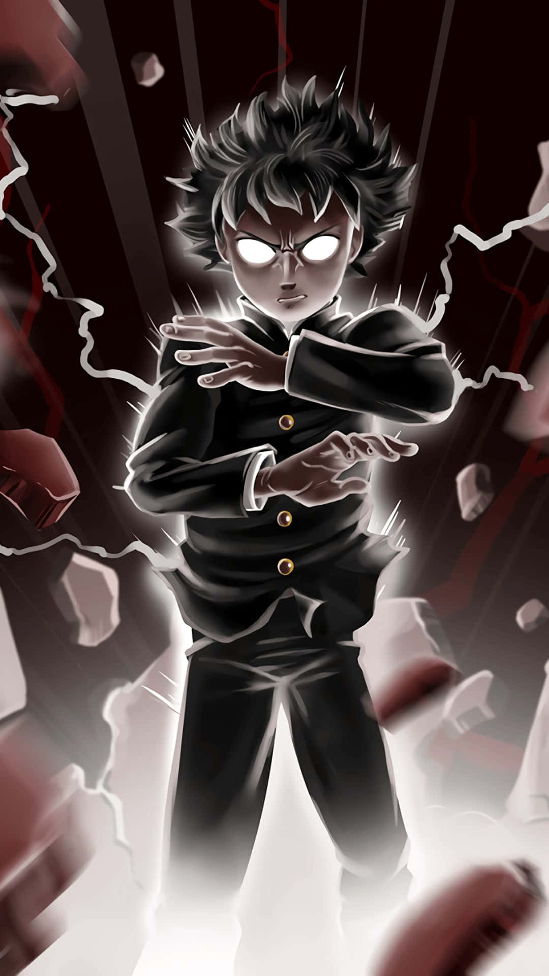 《靈能百分百》強大形象：影山茂夫展現力量 壁紙 — 一個兇猛的動漫男孩，擁有發光的白色眼睛和尖刺頭髮，在閃電劈啪作響的碎片中引導能量。