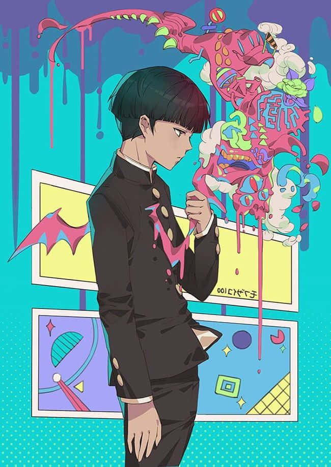《靈能百分百》彩色畫面 壁紙 — 一個穿著黑色制服嘅年輕動畫男孩企喺一個充滿活力嘅塗鴉牆前面，牆上有滴落嘅粉紅色同紫色油漆濺點同卡通生物。