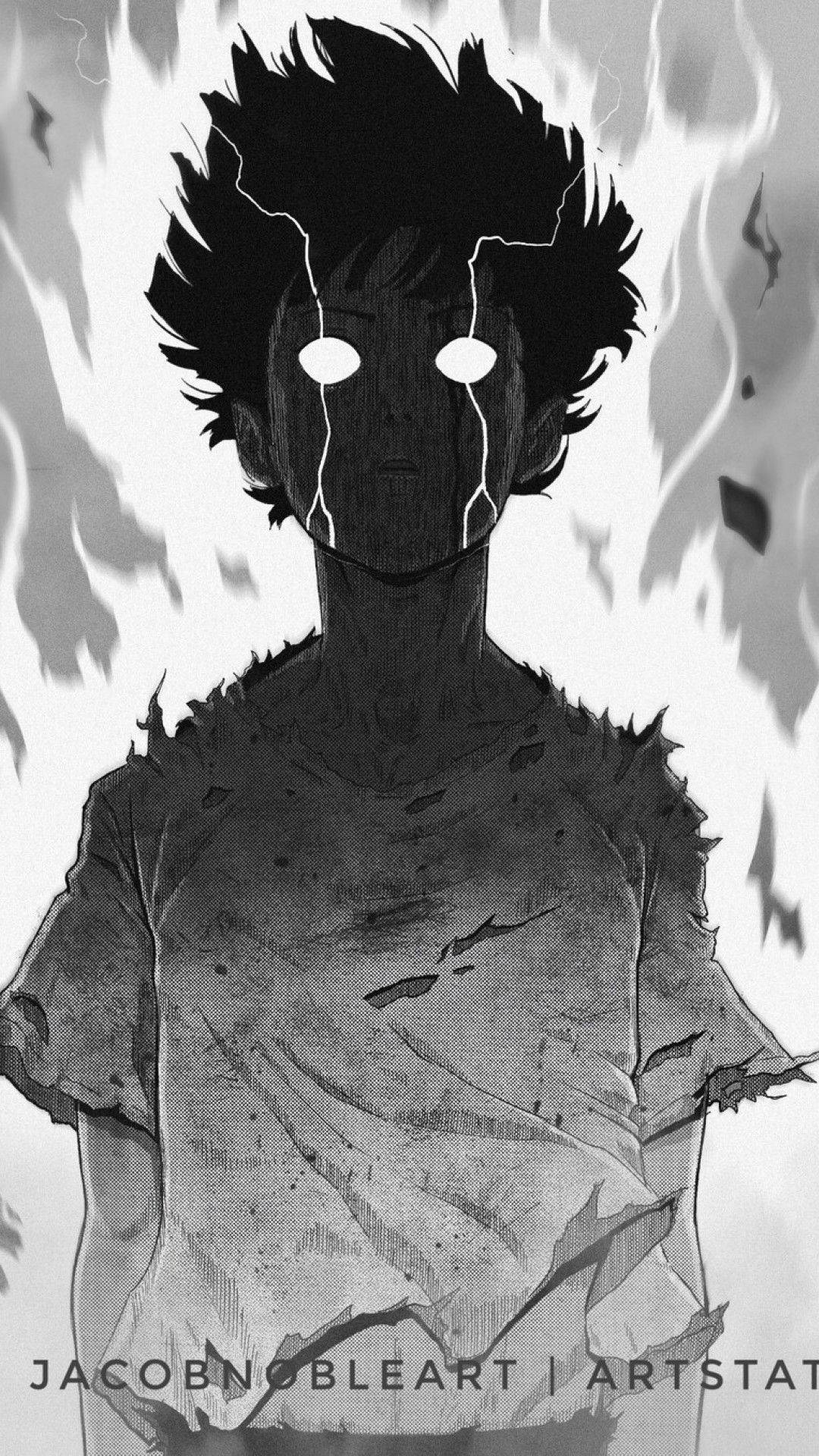 「《靈能百分百》—— 探索情感深處！」 壁紙 — 一個黑白動漫角色，擁有尖刺頭髮和發光的眼睛，站在旋轉的火焰中，呈現出戲劇性的漫畫風格插圖。