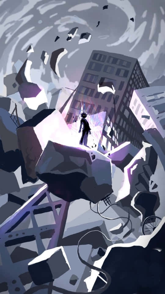 《靈能百分百》漫畫風格：灰濾鏡效果 壁紙 — 一個孤獨的身影站在破碎城市景觀的瓦礫上，天空 swirling 著暴風雨。
