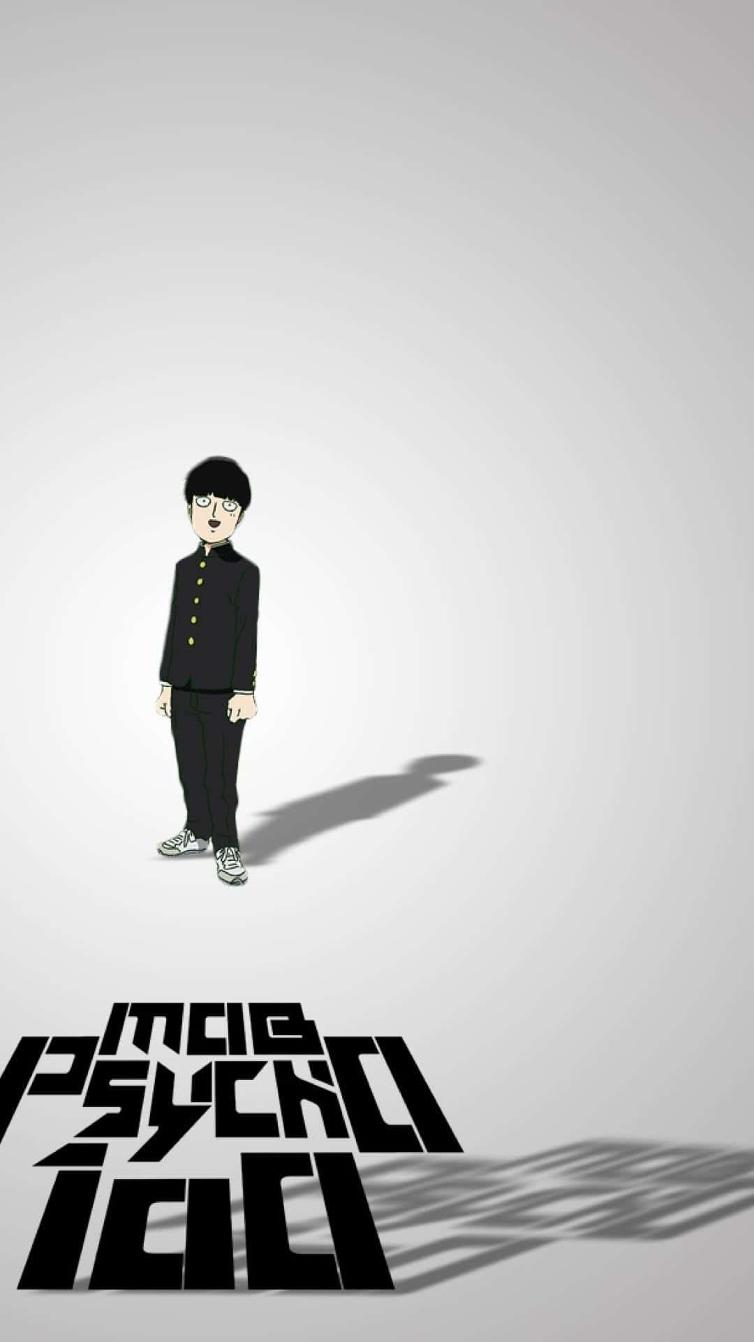《靈能百分百》灰色背景圖像 壁紙 — 一個風格化的動漫男孩穿著黑色制服，獨自站在純灰色背景前，粗體黑色文字投下長長的陰影。