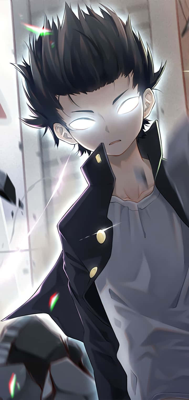 《靈能百分百》白眼圖像 壁紙 — 一個發光眼睛、黑色尖刺頭髮的動漫男孩，穿著深色外套，背景是破碎的玻璃。