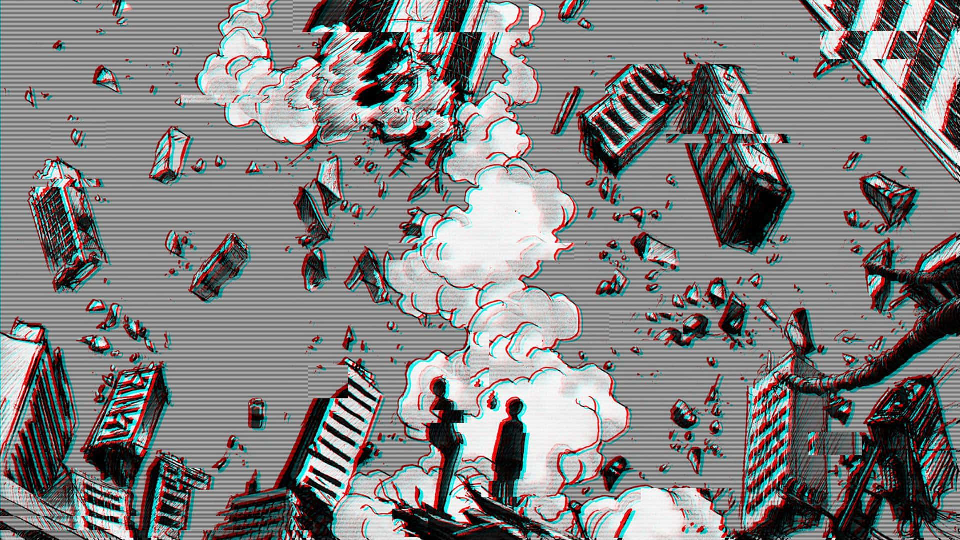 兩個人站在一個正在崩塌的城市中，周圍有漂浮的建築物和煙霧。