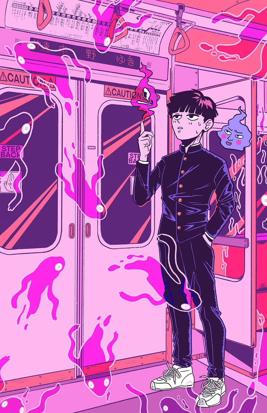 《靈能百分百》粉紅濾鏡畫面 壁紙 — 一個穿著校服的年輕動漫男孩站在超現實的粉紅色地鐵車廂中，周圍環繞著發光的粉紅色黏糊糊的生物。