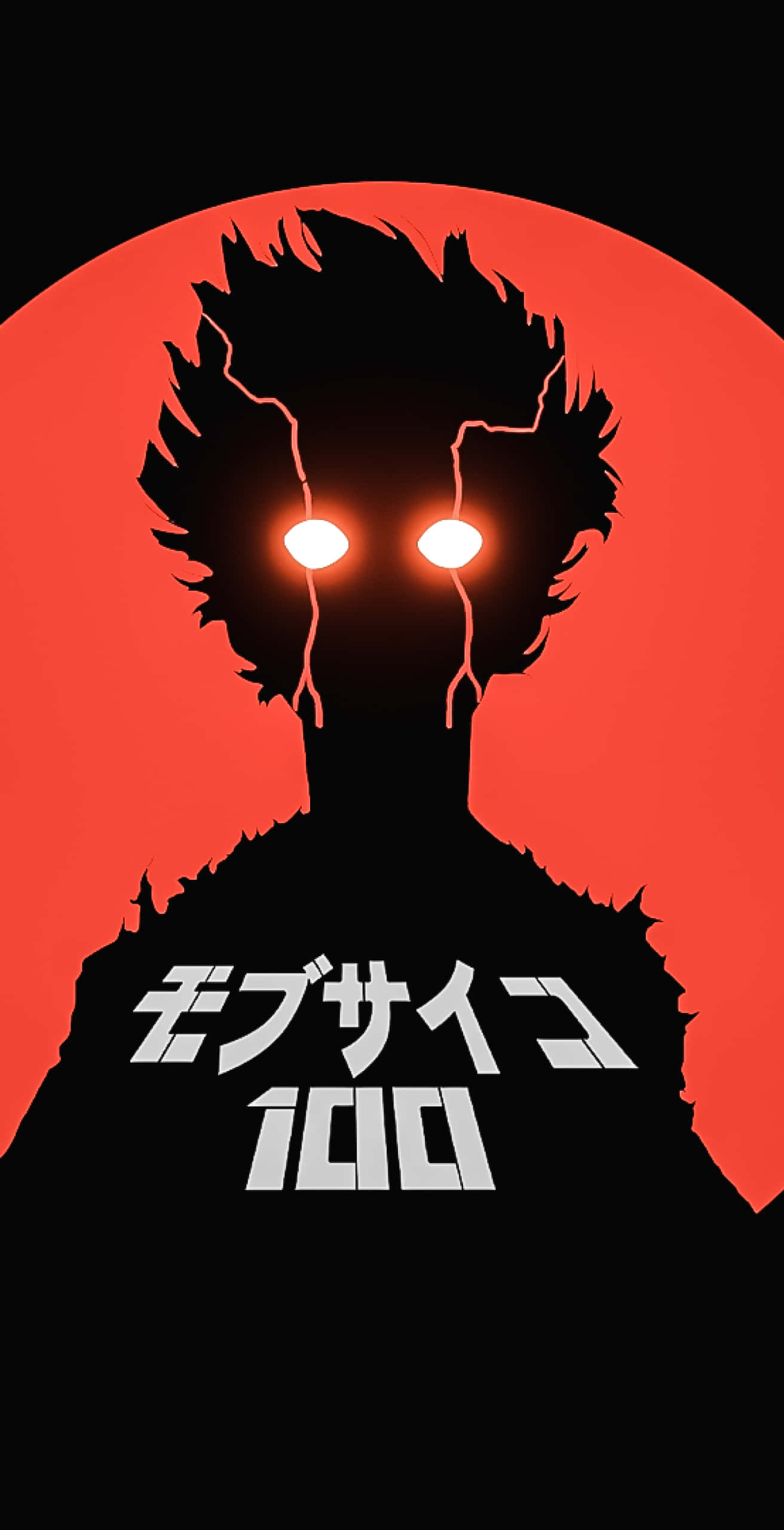 《靈能百分百》紅眼特寫：主角強烈視覺 壁紙 — 在紅色圓形背景上，帶有日本文字的刺蝟頭髮人物剪影和發光的眼睛。